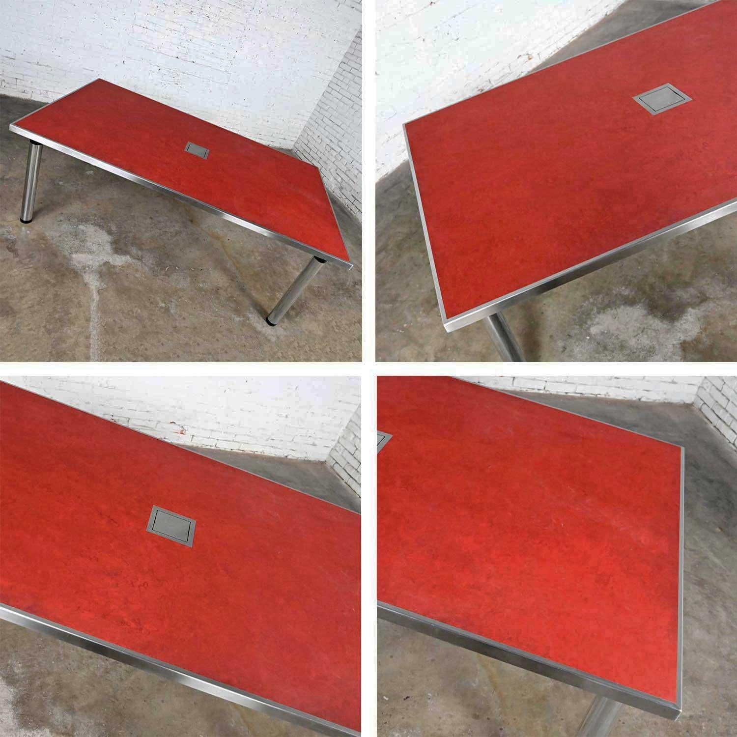Modern Red Marmoleum & Chrome Powered Custom Work or Dining Table Black Accents For Sale 5