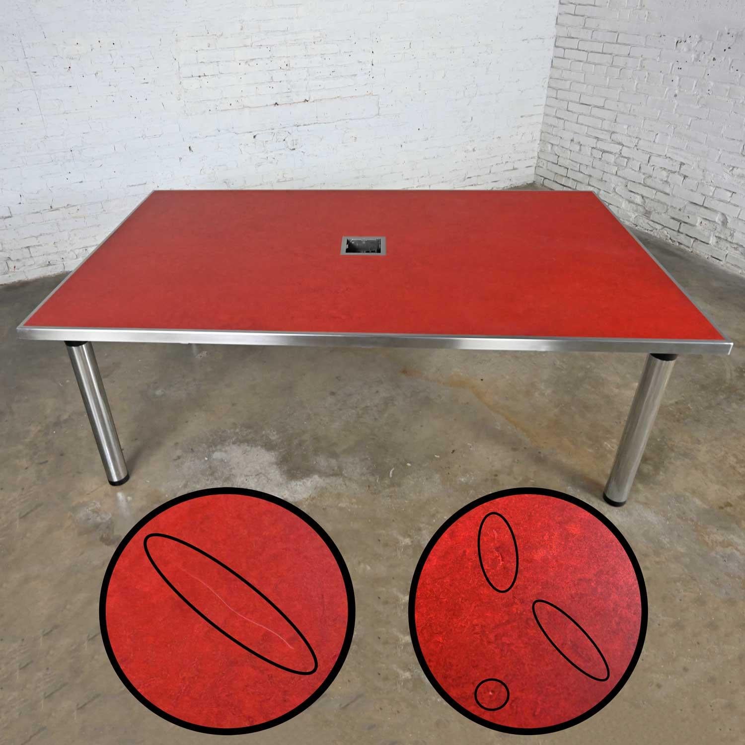 Modern Red Marmoleum & Chrome Powered Custom Work or Dining Table Black Accents For Sale 7