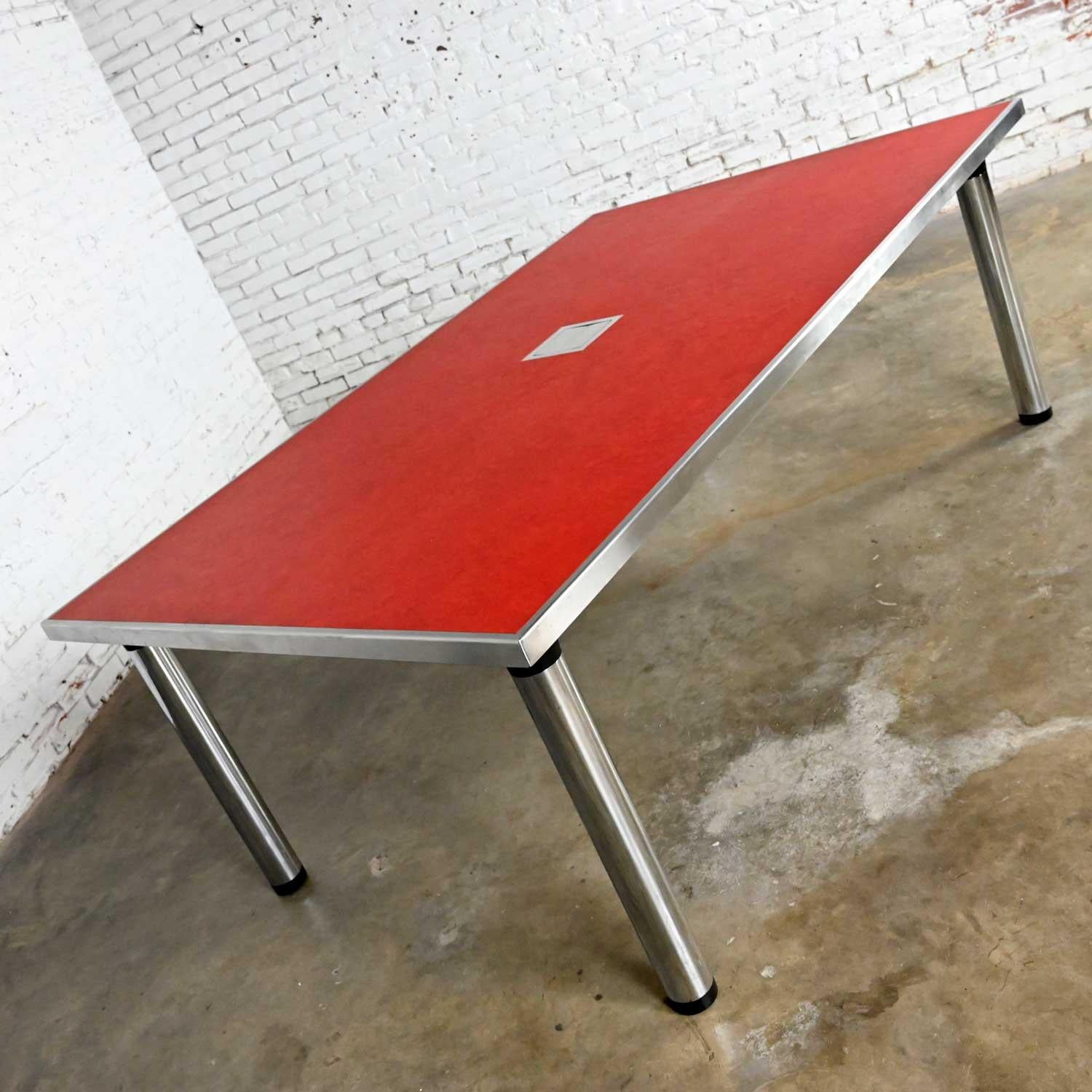 American Modern Red Marmoleum & Chrome Powered Custom Work or Dining Table Black Accents
