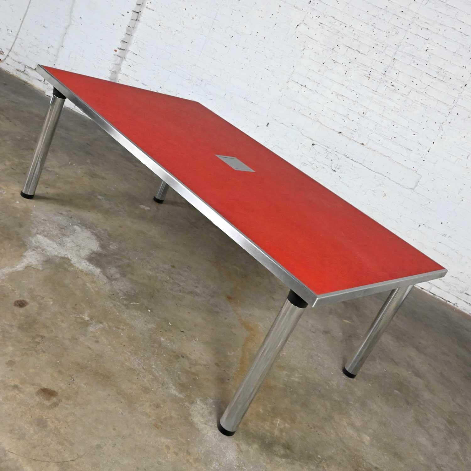 Modern Red Marmoleum & Chrome Powered Custom Work or Dining Table Black Accents In Good Condition For Sale In Topeka, KS