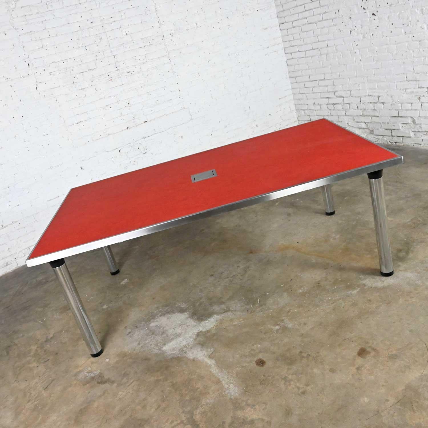 20th Century Modern Red Marmoleum & Chrome Powered Custom Work or Dining Table Black Accents For Sale