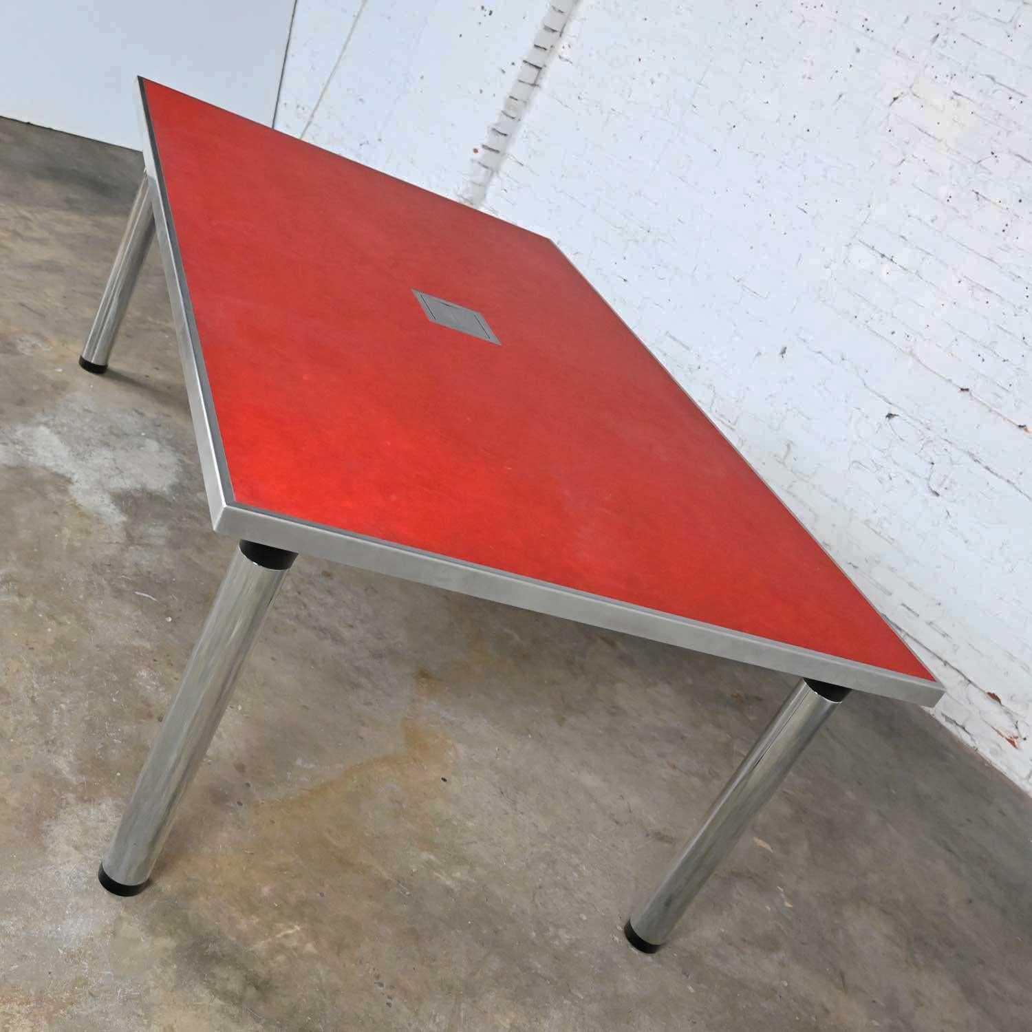 Metal Modern Red Marmoleum & Chrome Powered Custom Work or Dining Table Black Accents For Sale