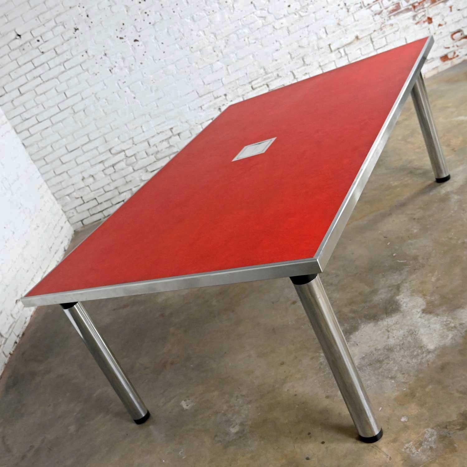 Modern Red Marmoleum & Chrome Powered Custom Work or Dining Table Black Accents 1