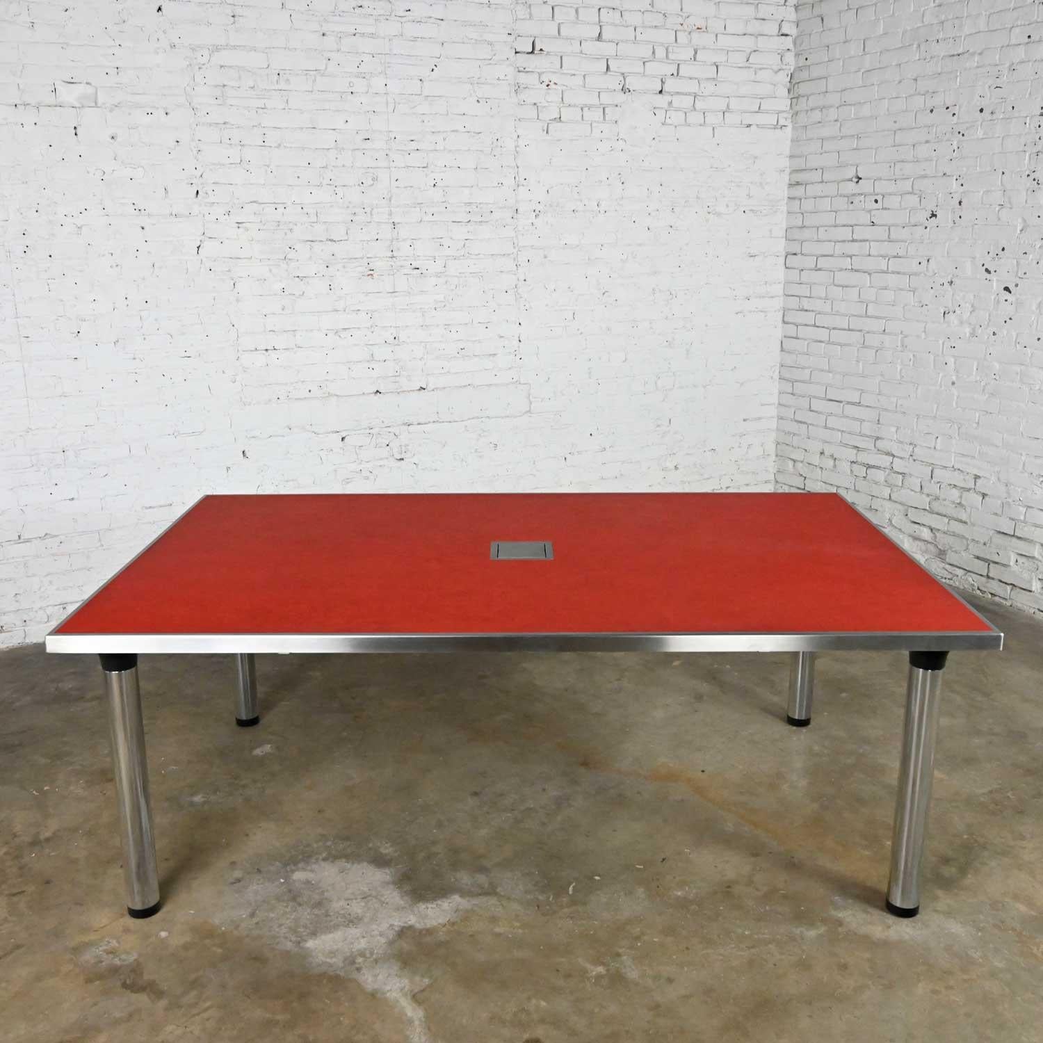 Modern Red Marmoleum & Chrome Powered Custom Work or Dining Table Black Accents For Sale 2