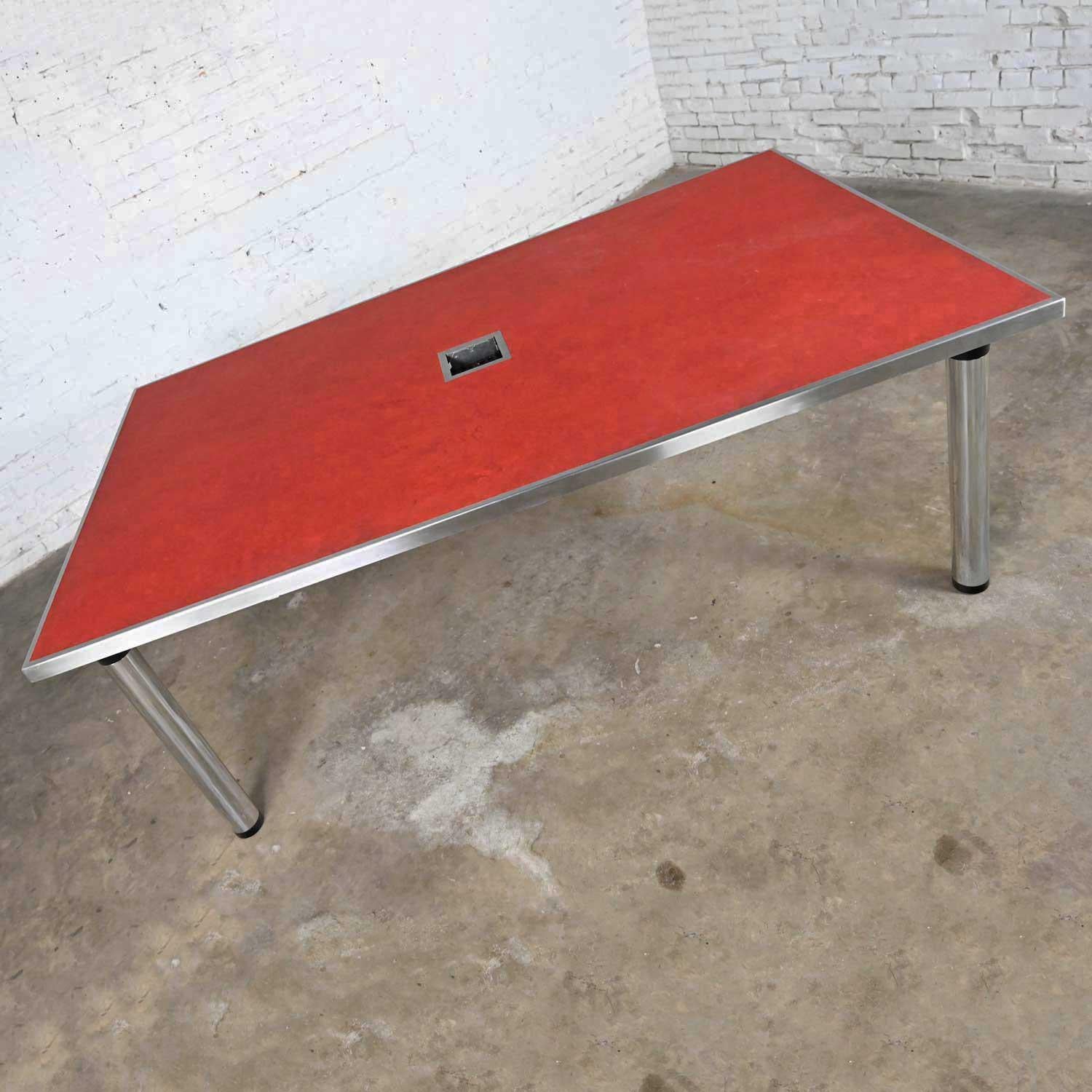 Modern Red Marmoleum & Chrome Powered Custom Work or Dining Table Black Accents 3