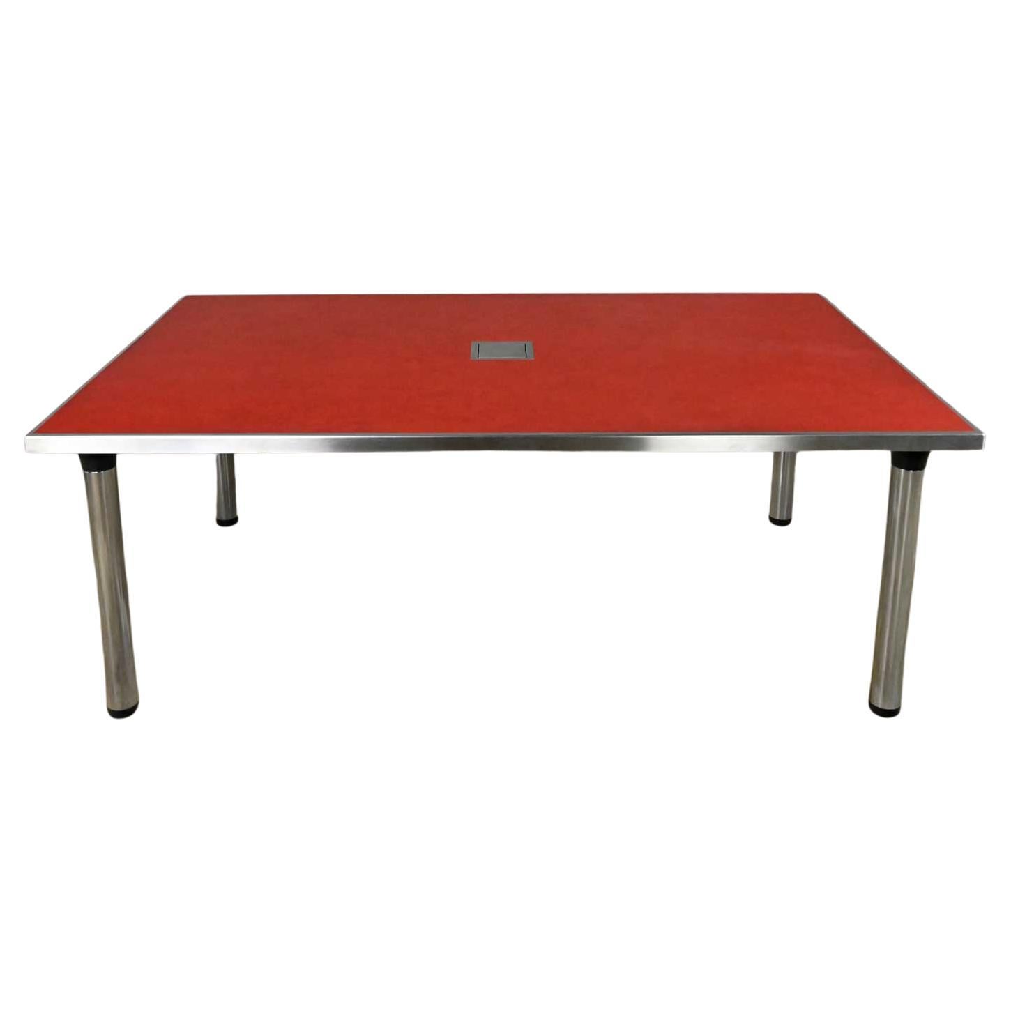 Modern Red Marmoleum & Chrome Powered Custom Work or Dining Table Black Accents For Sale