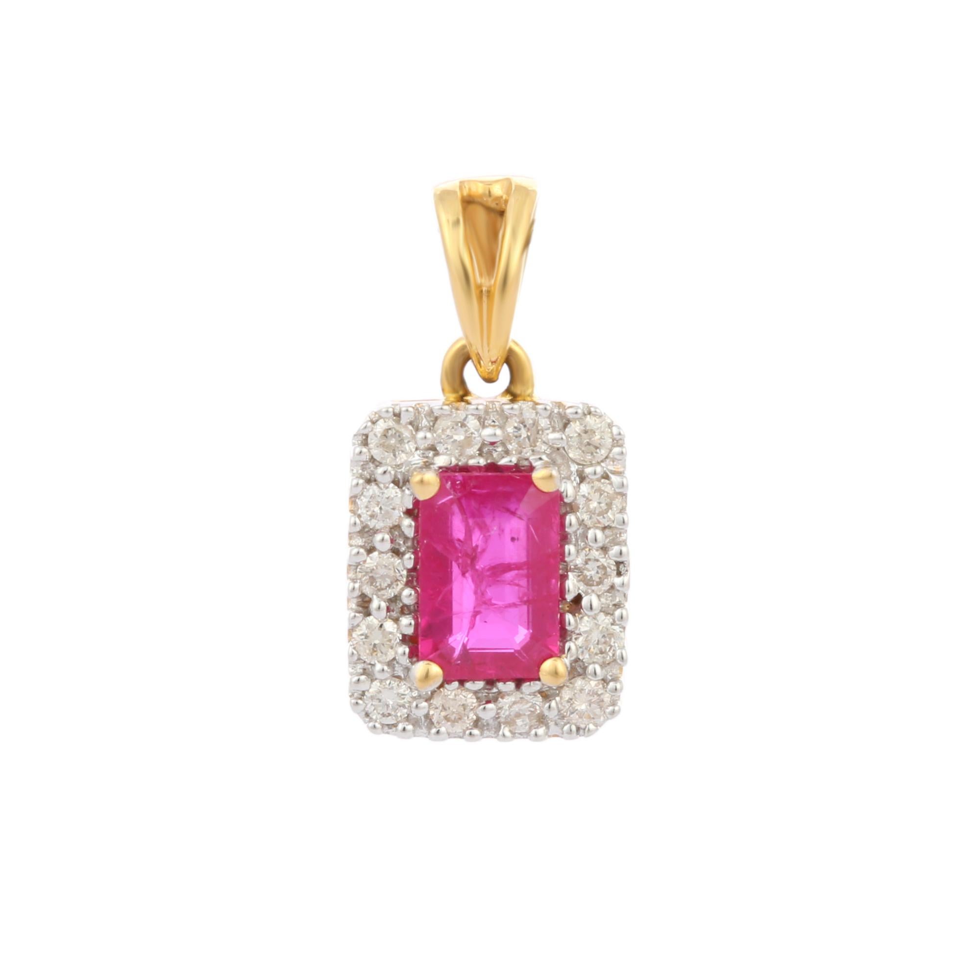  Halo Diamond Ruby Pendant in 18K Gold. It has a octagon cut ruby with diamonds that completes your look with a decent touch. Pendants are used to wear or gifted to represent love and promises. It's an attractive jewelry piece that goes with every