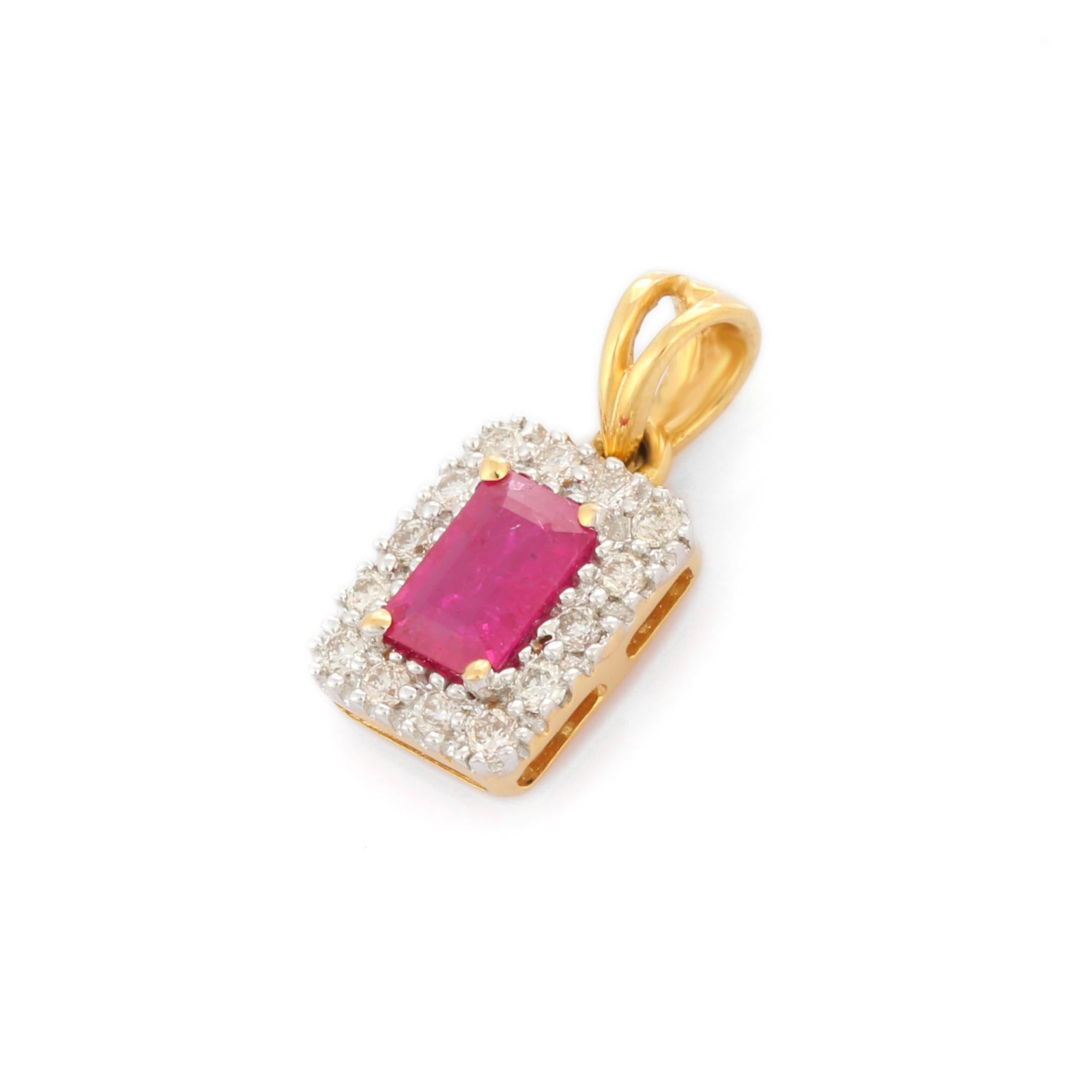Modern Octagon Ruby Pendant with Halo of Diamonds in Solid 18K Yellow Gold For Sale