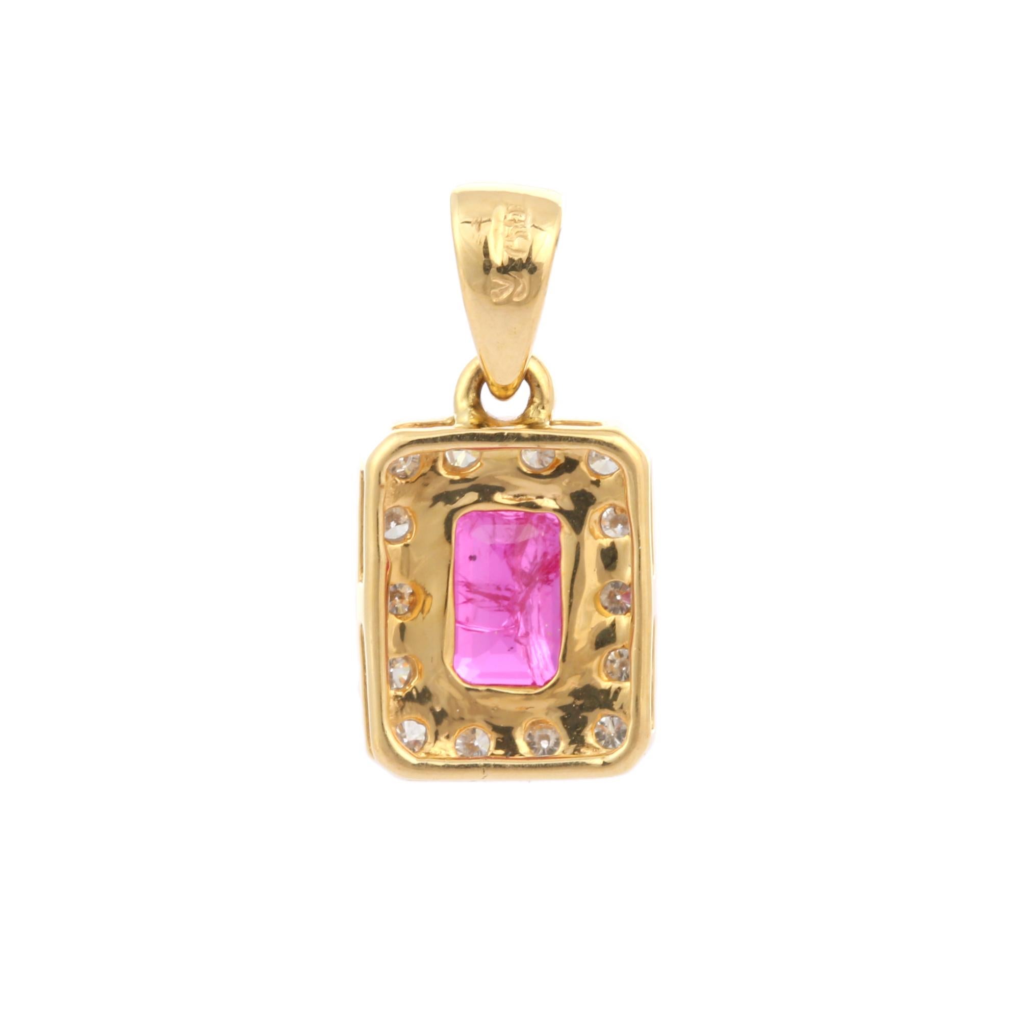 Octagon Cut Octagon Ruby Pendant with Halo of Diamonds in Solid 18K Yellow Gold For Sale