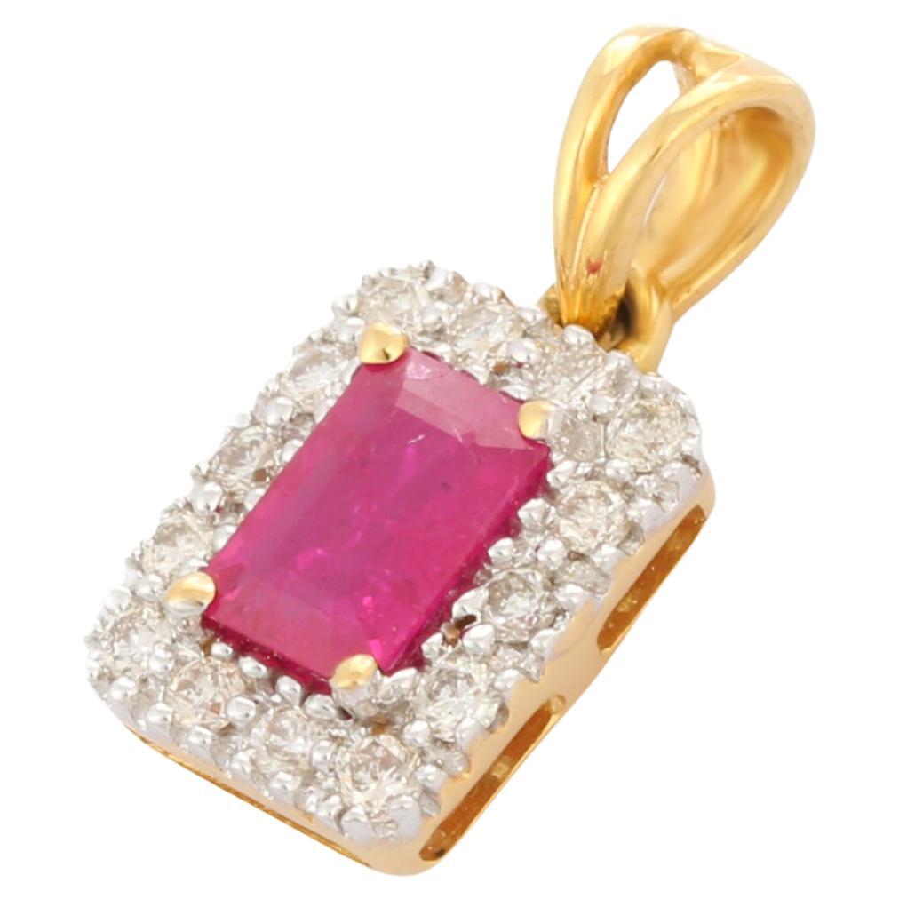 Octagon Ruby Pendant with Halo of Diamonds in Solid 18K Yellow Gold For Sale