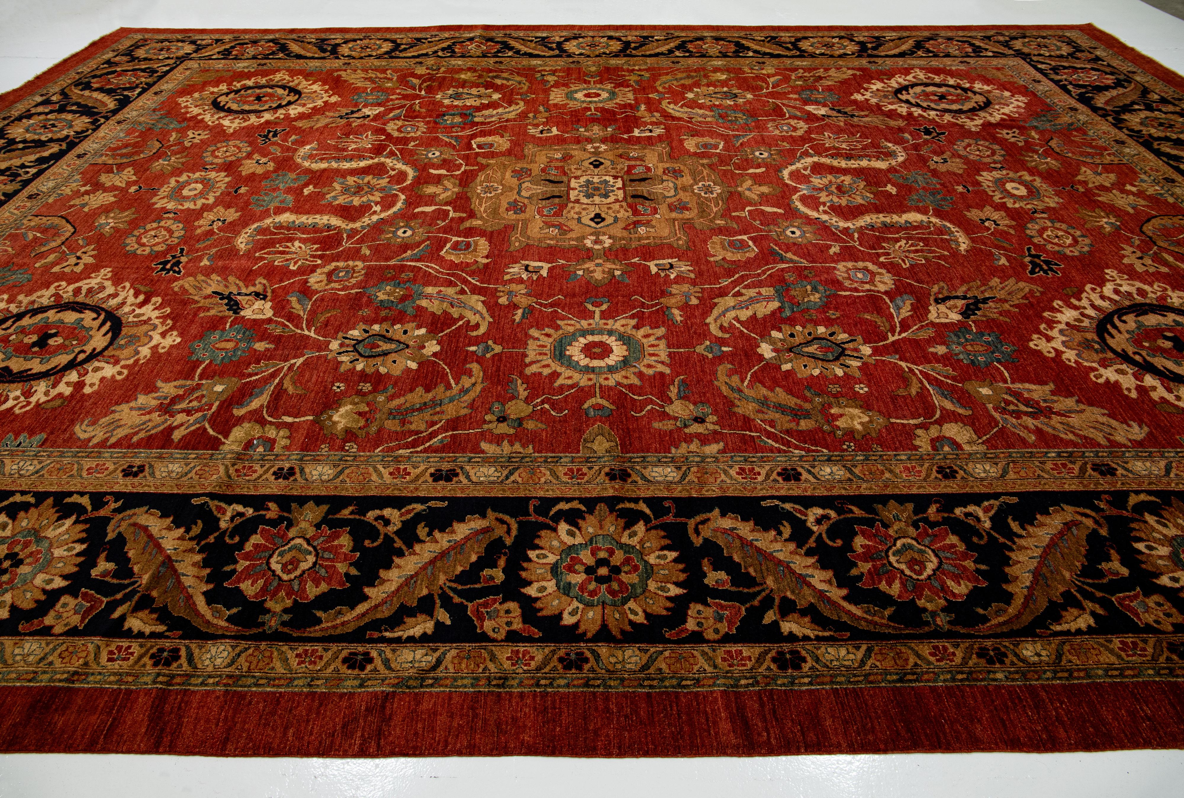 Moderner roter handgefertigter Peshawar-Wollteppich in Übergröße mit Kunstmotiv im Angebot 4