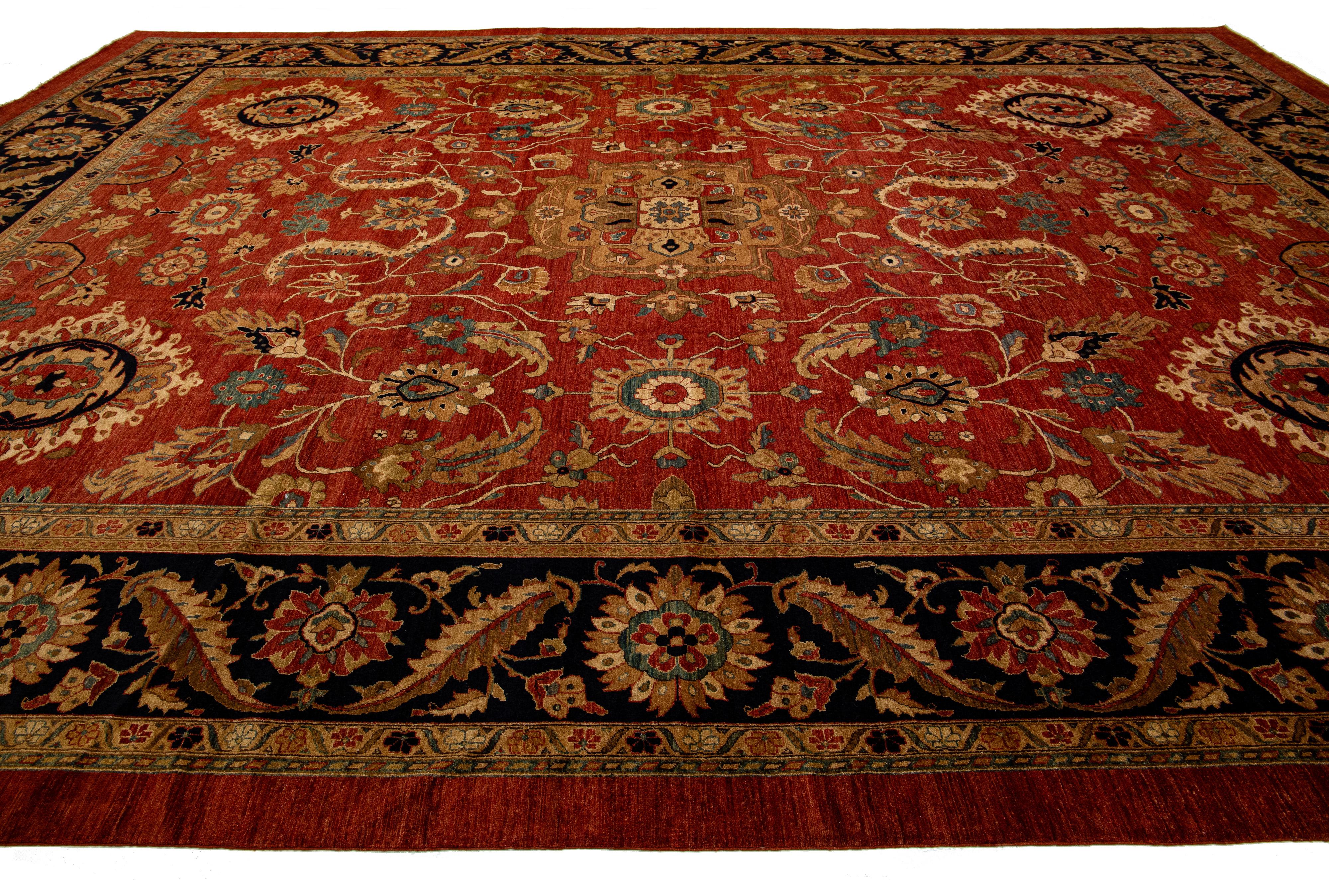 Hand-Knotted Modern Red Peshawar Handmade Wool Rug Oversize with Art Motif  For Sale