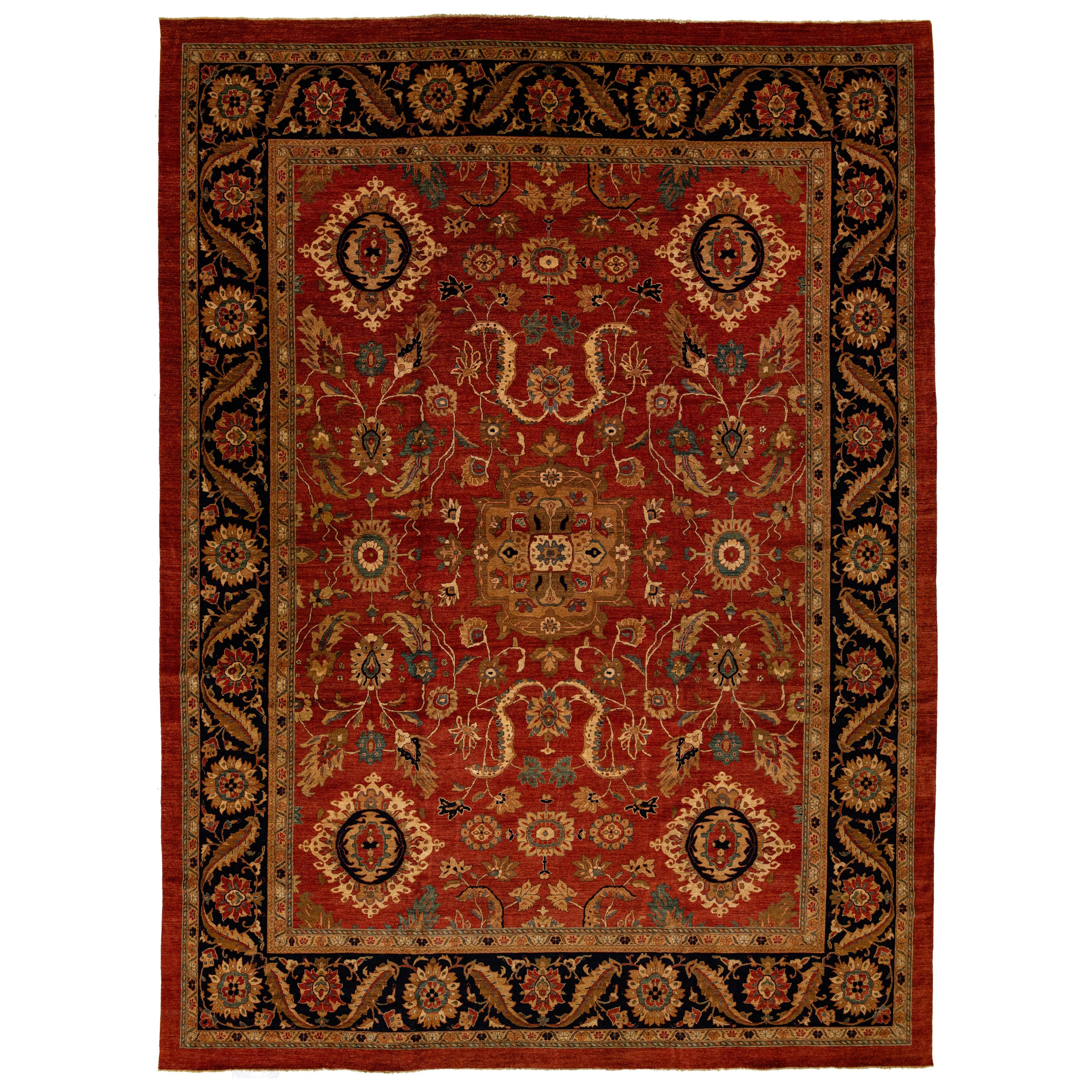 Moderner roter handgefertigter Peshawar-Wollteppich in Übergröße mit Kunstmotiv im Angebot