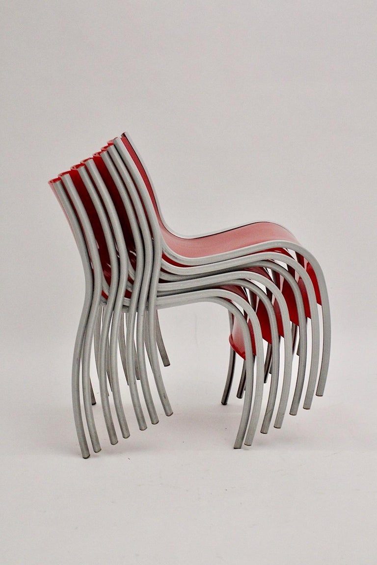 Modern Red Plastic Vintage Seven Dining Chairs by Ron Arad Kartell
