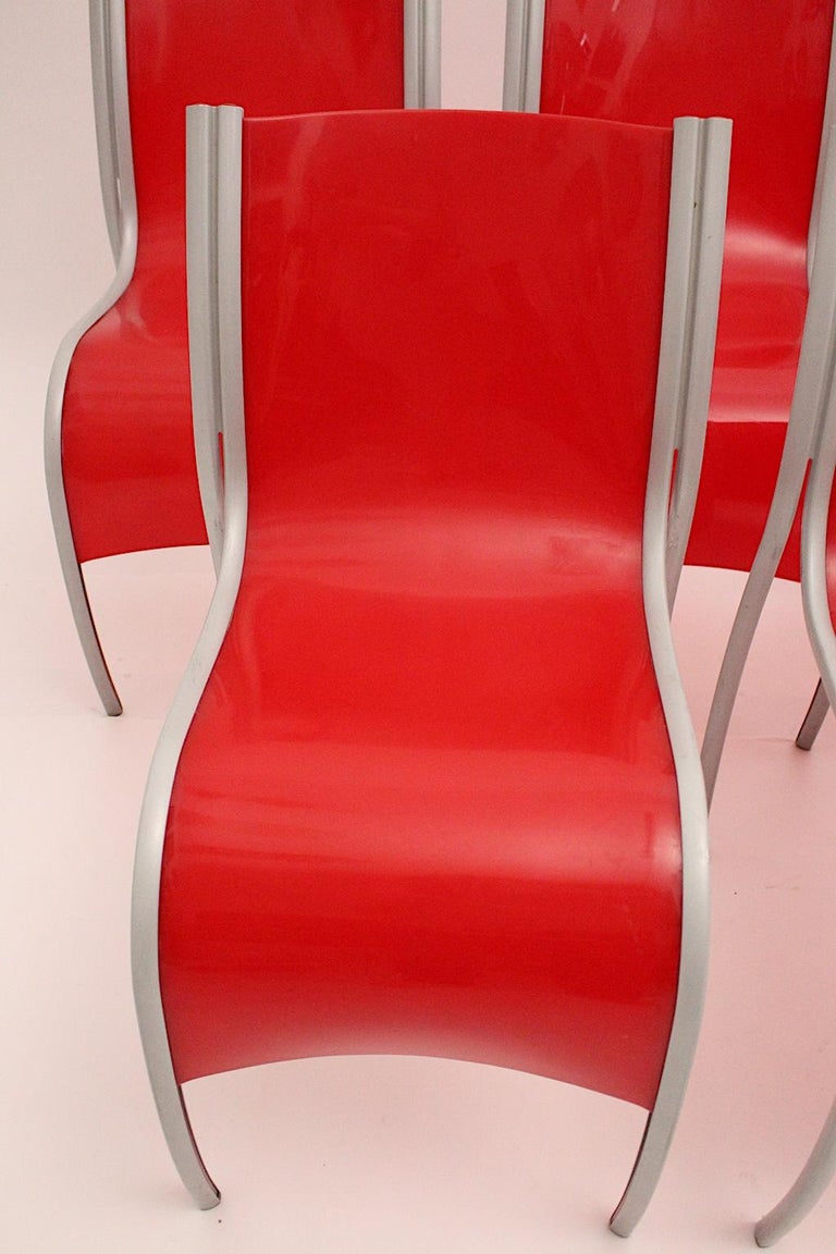 Modern Red Plastic Vintage Seven Dining Chairs by Ron Arad Kartell