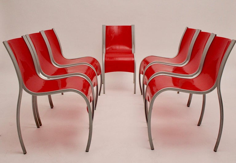 Modern Red Plastic Vintage Seven Dining Chairs by Ron Arad Kartell