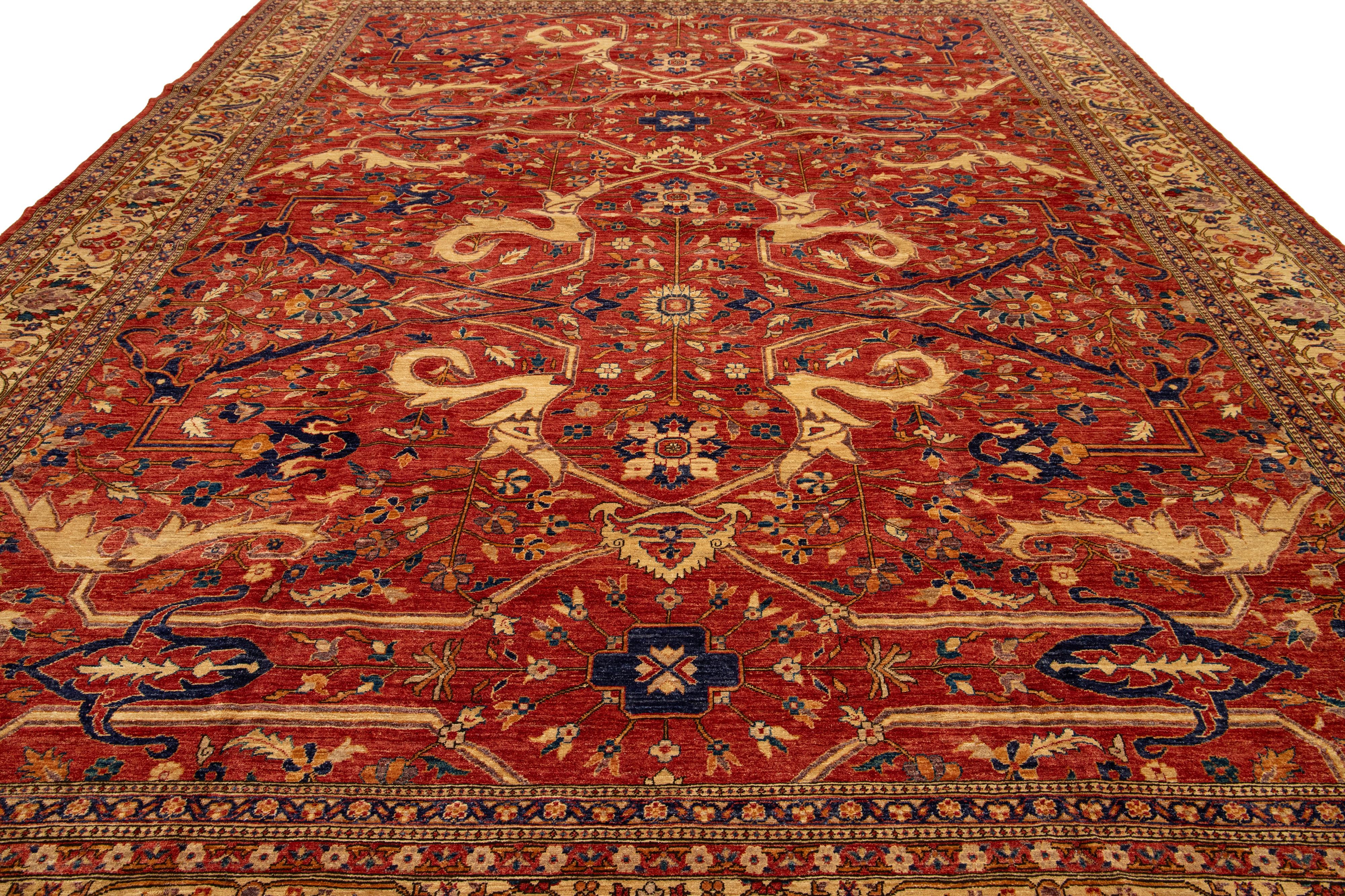 Alfombra moderna de lana roja estilo serapi con diseño integral Siglo XXI y contemporáneo en venta