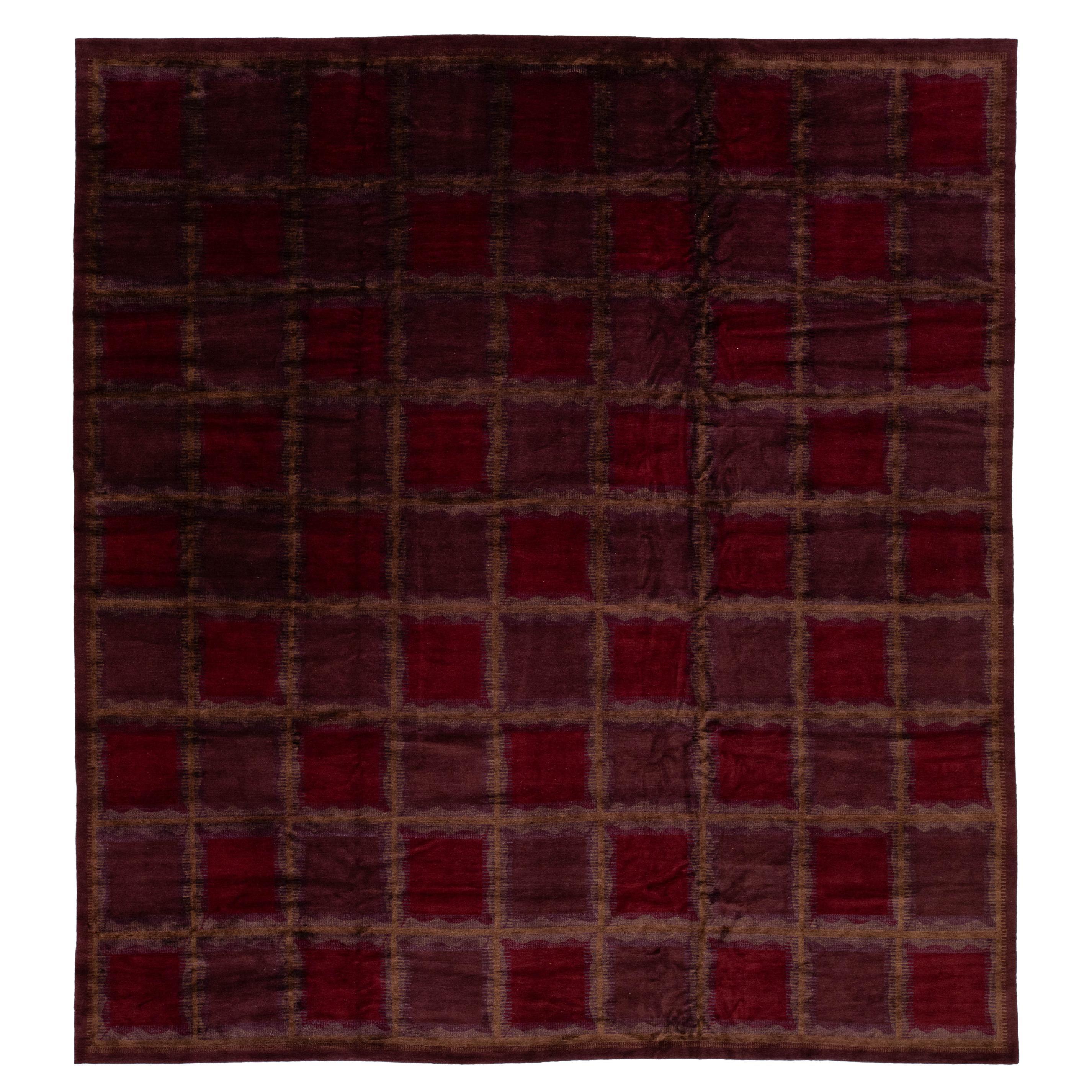 Tapis tibétain moderne rouge en laine et soie à motifs de carreaux