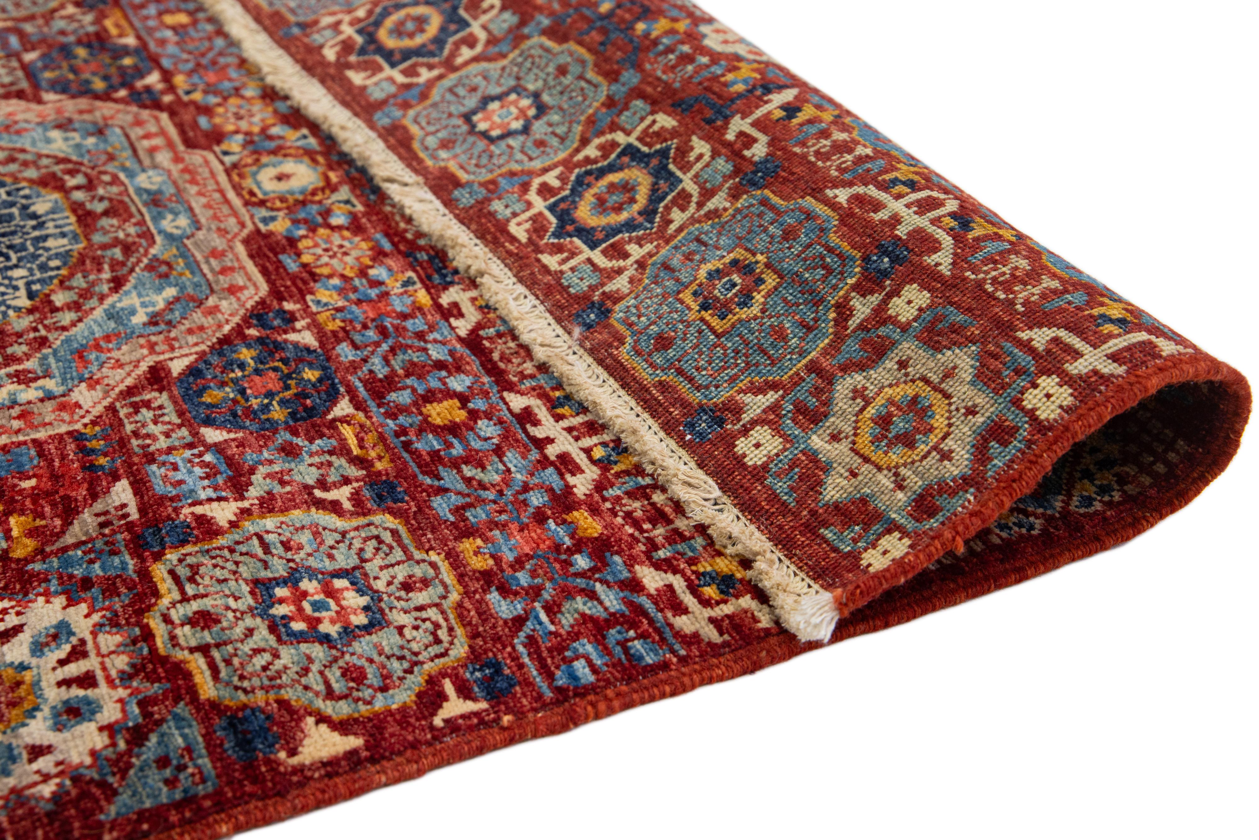 Pakistani Modern Red Transitional Handmade Wool Runner with Floral Design For Sale