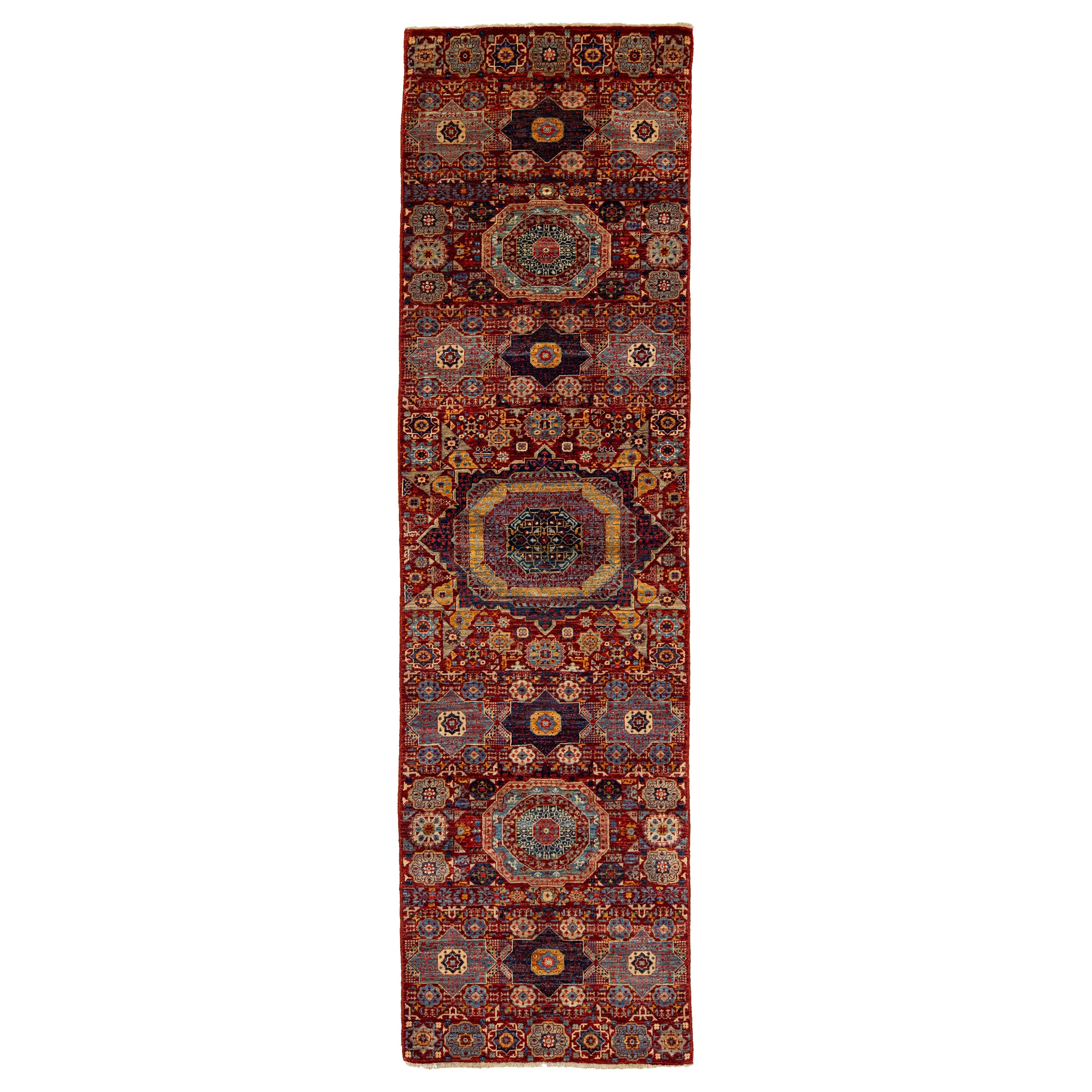 Runner in lana fatto a mano rosso moderno e di transizione con design floreale in vendita