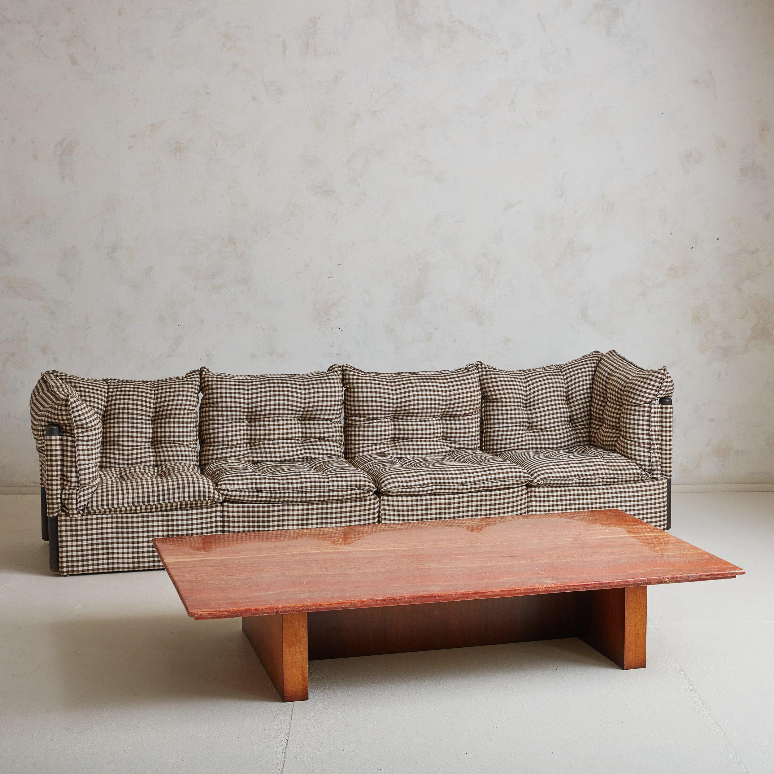 Belgian Modern Red Travertine Coffee Table with Wood Base, Belgium 1970s For Sale