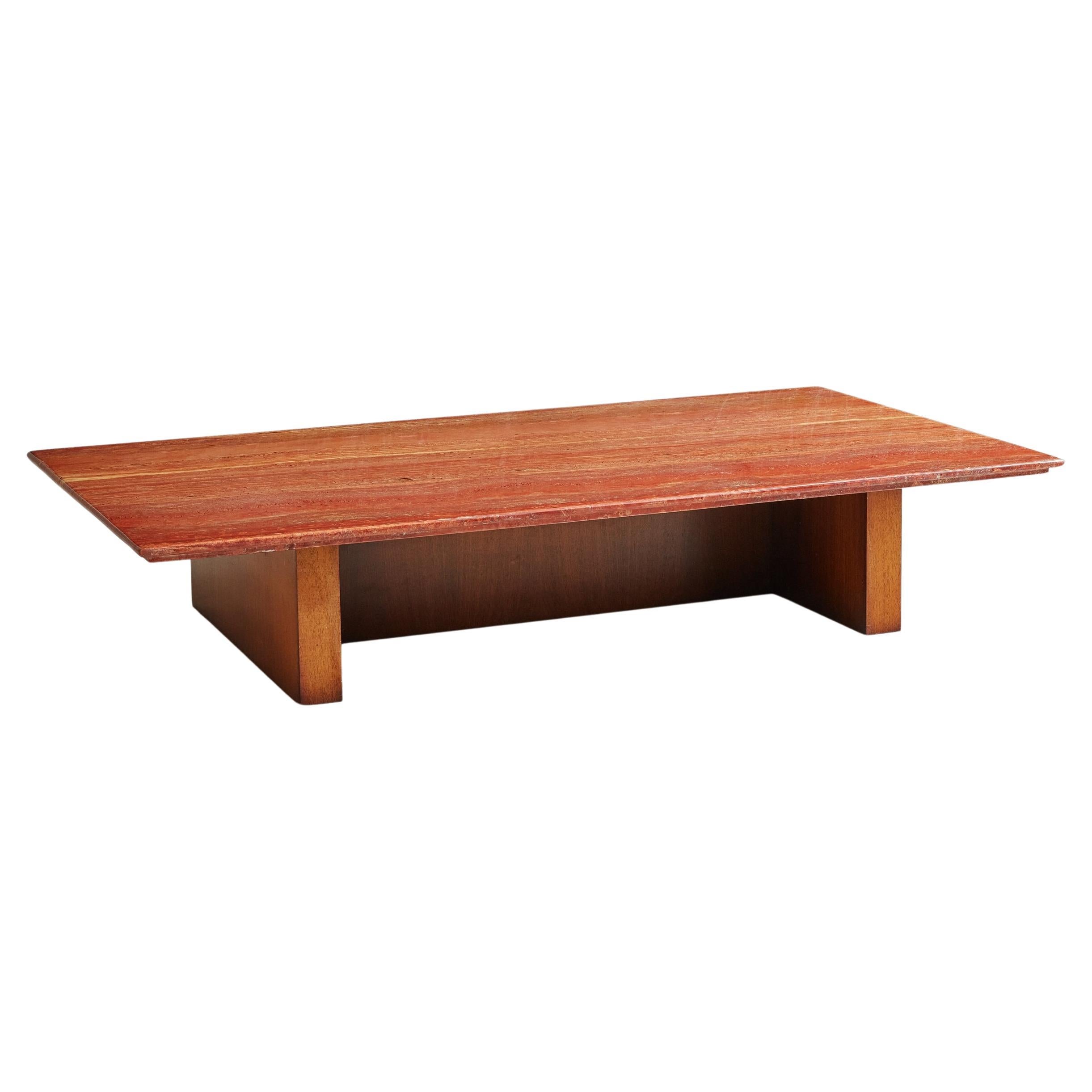 Modern Red Travertine Coffee Table with Wood Base, Belgium 1970s