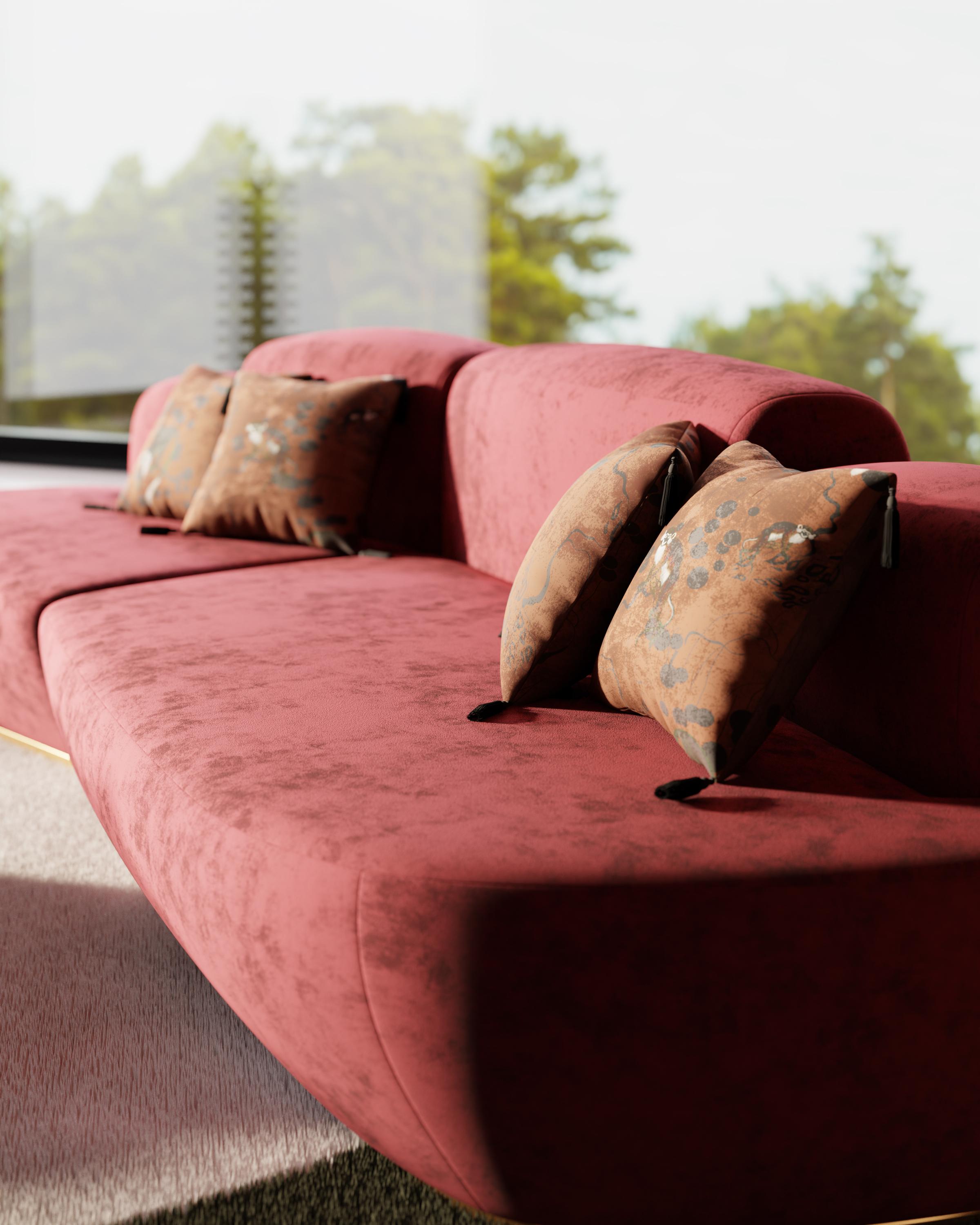 Modernes geschwungenes Sofa des 21. Jahrhunderts mit Chaise Longue aus dunkelrotem Samt  im Angebot 3