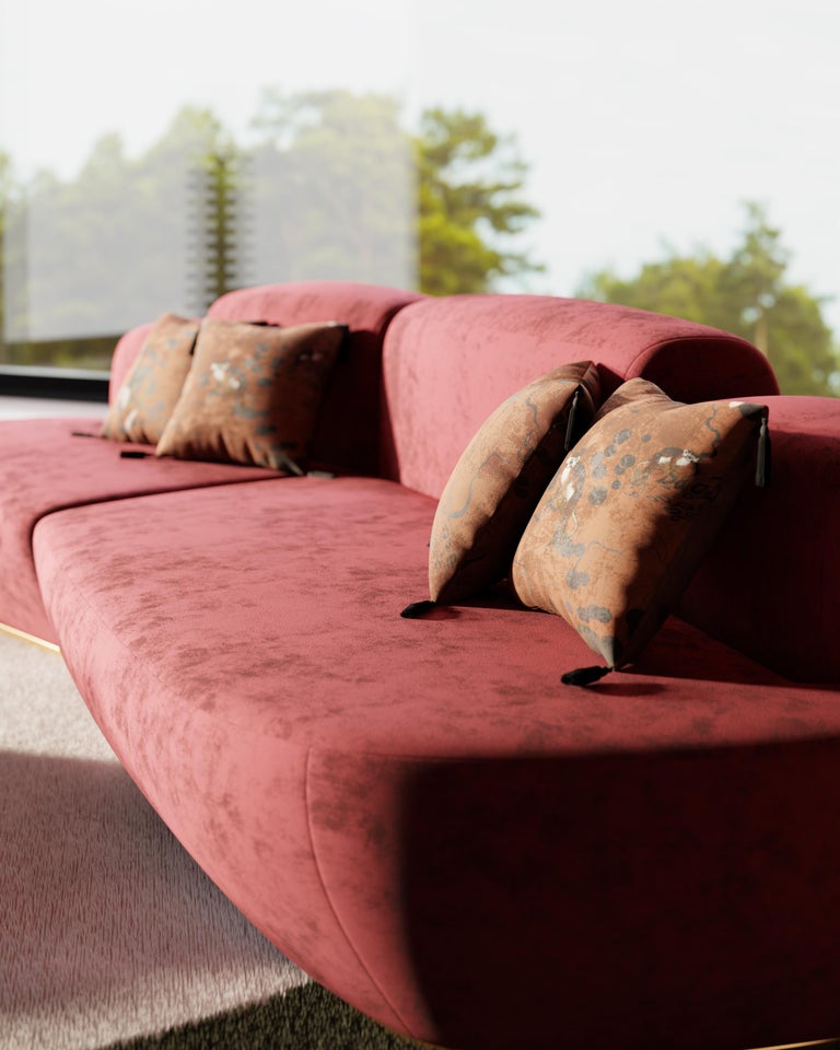 21st Century Modern Curved Sofa with Chaise Longue in Dark Red Velvet  For Sale 3