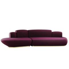 21st Century Modern Curved Sofa with Chaise Longue in Dark Red Velvet