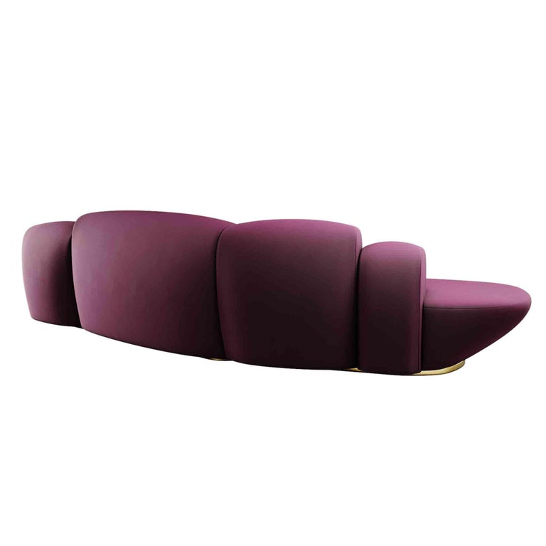 Hand-Crafted 21st Century Modern Curved Sofa with Chaise Longue in Dark Red Velvet  For Sale