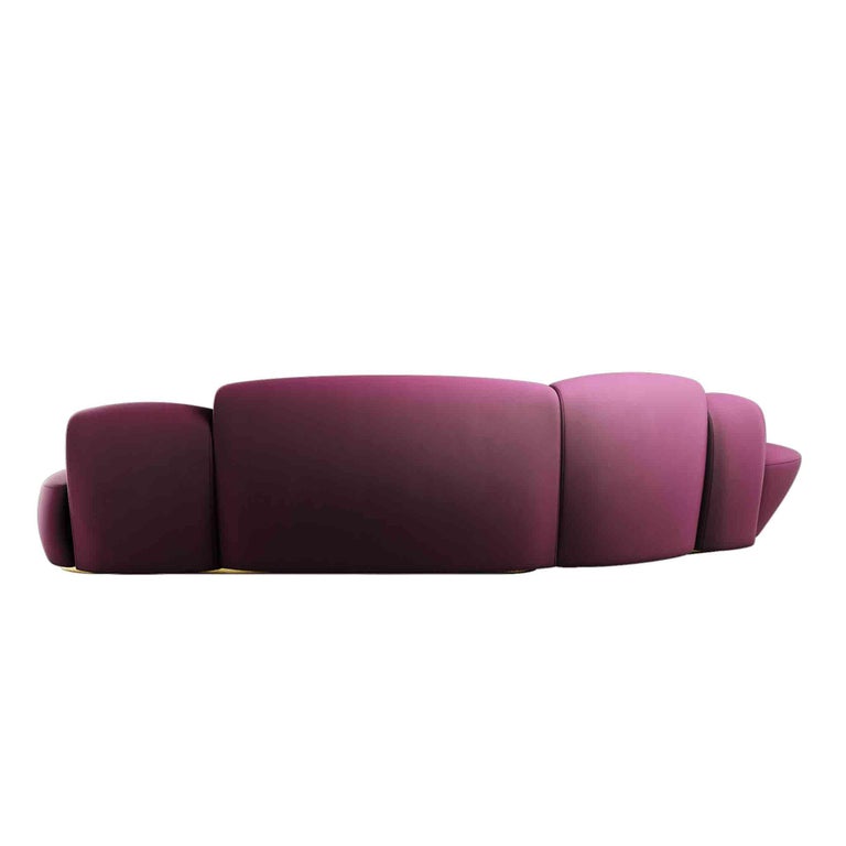 Contemporary 21st Century Modern Curved Sofa with Chaise Longue in Dark Red Velvet  For Sale