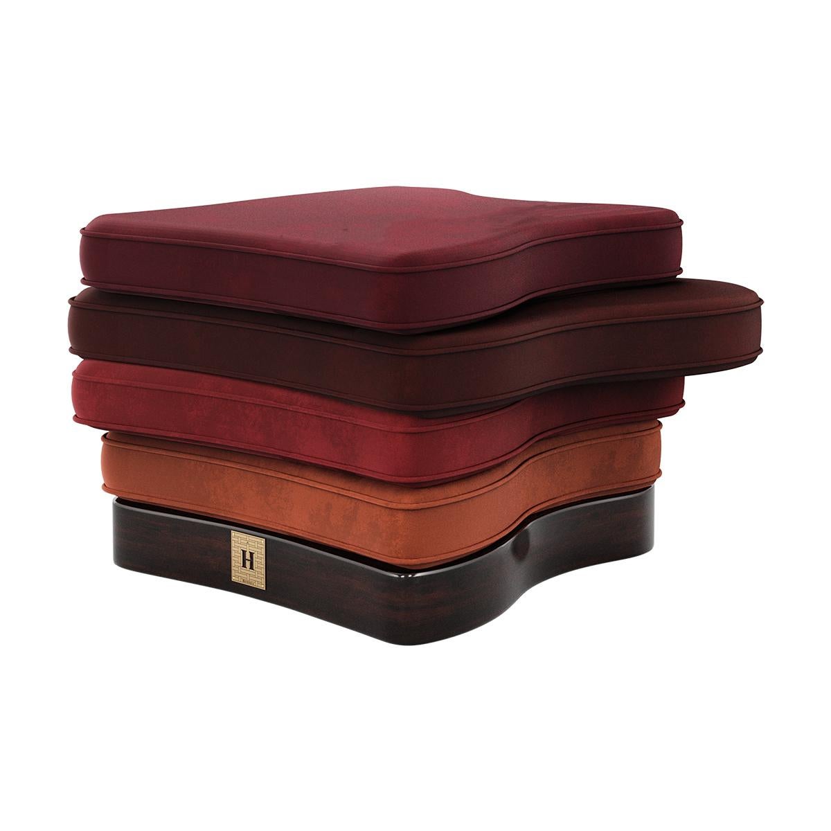 Cadiz Stool is a Memphis design style stool, which combines bold shapes with comfort. A modern design stool, upholstered in velvet, for any living area or current hotel lobby project.

Materials: Upholstered in Velvet; Base in Ebony