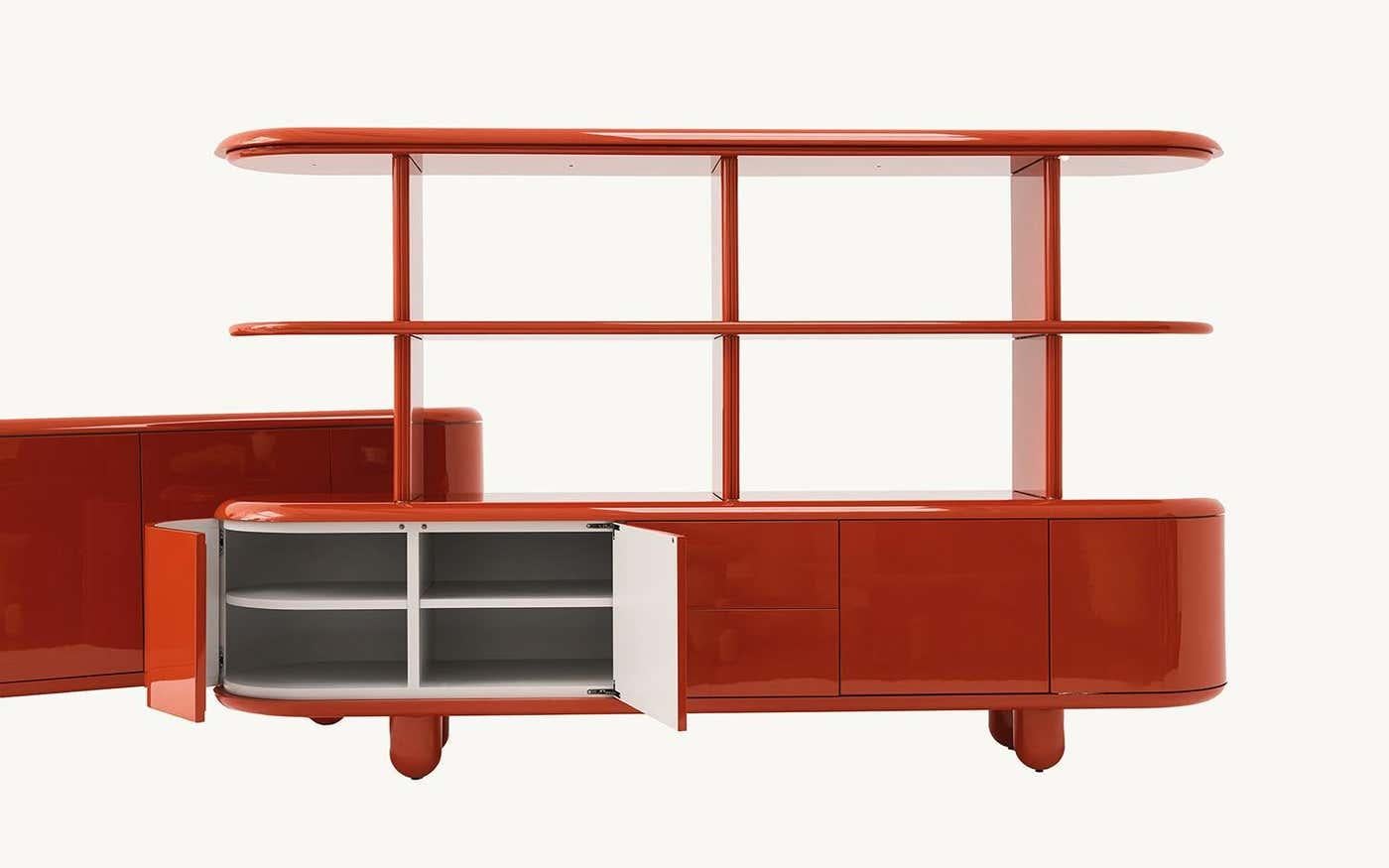 Modern Red & White Wood Sideboard 4 Doors + Drawers by Jaime Hayon

Manufactured in Spain.

Materials and finishes: External finish and matte lacquered interior finish. Legs made from solid alder wood, gloss lacquer finish. Horizontal shelving and