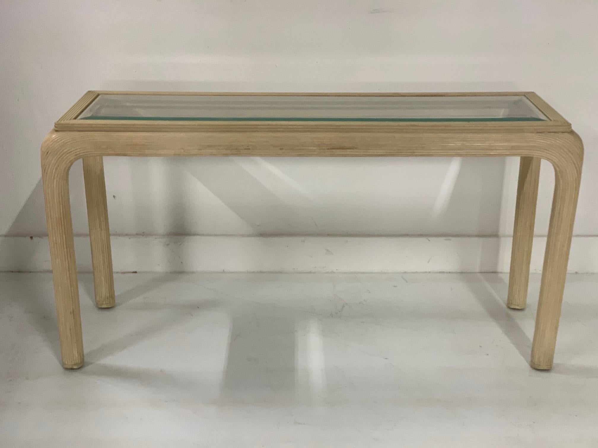 Beveled Modern Reed Console with Matching Benches For Sale
