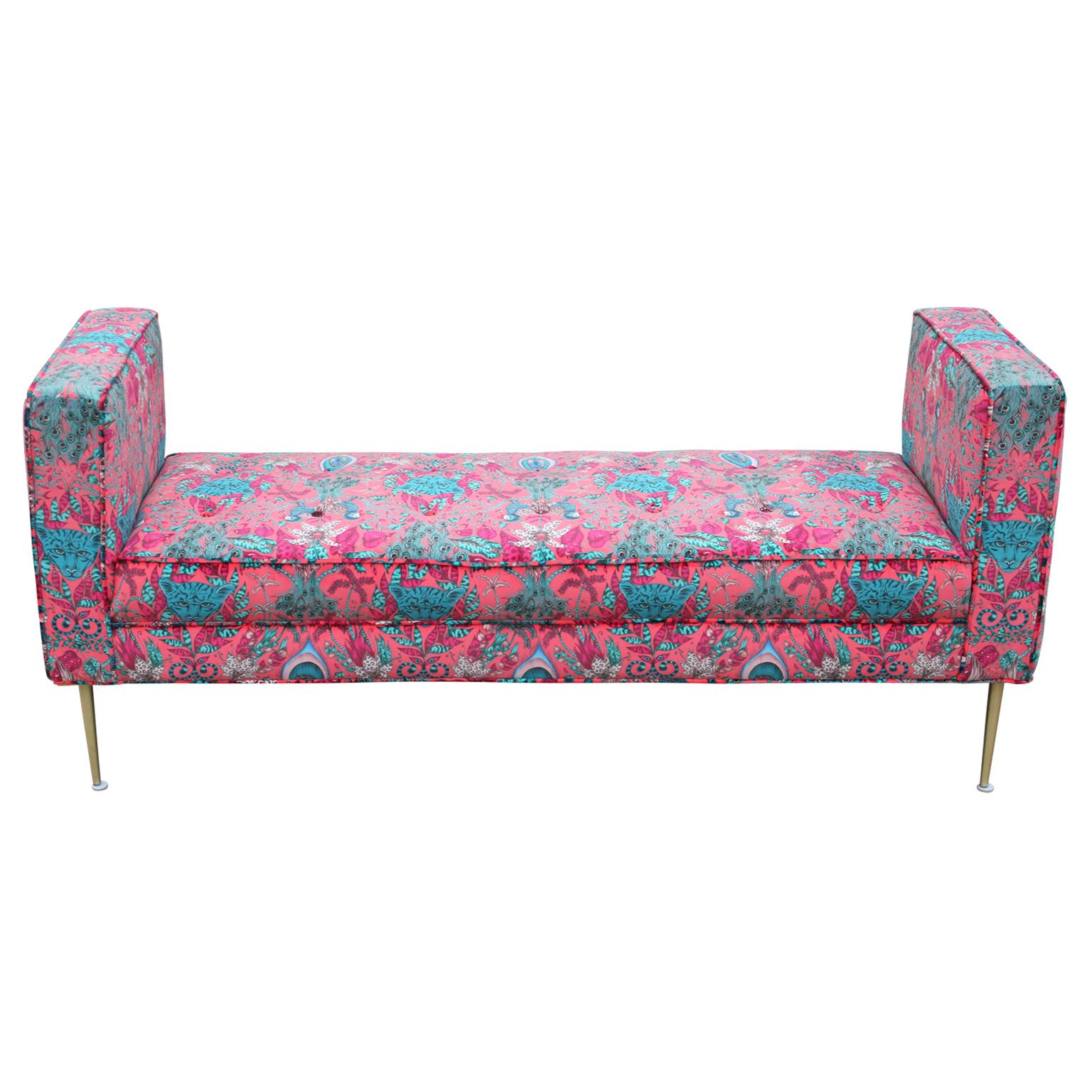 Beautiful Reeves design pink and turquoise custom tiger velvet bench with brushed brass legs. Fabric is soft and plush to the touch.

We can customize the size and dimensions for you.