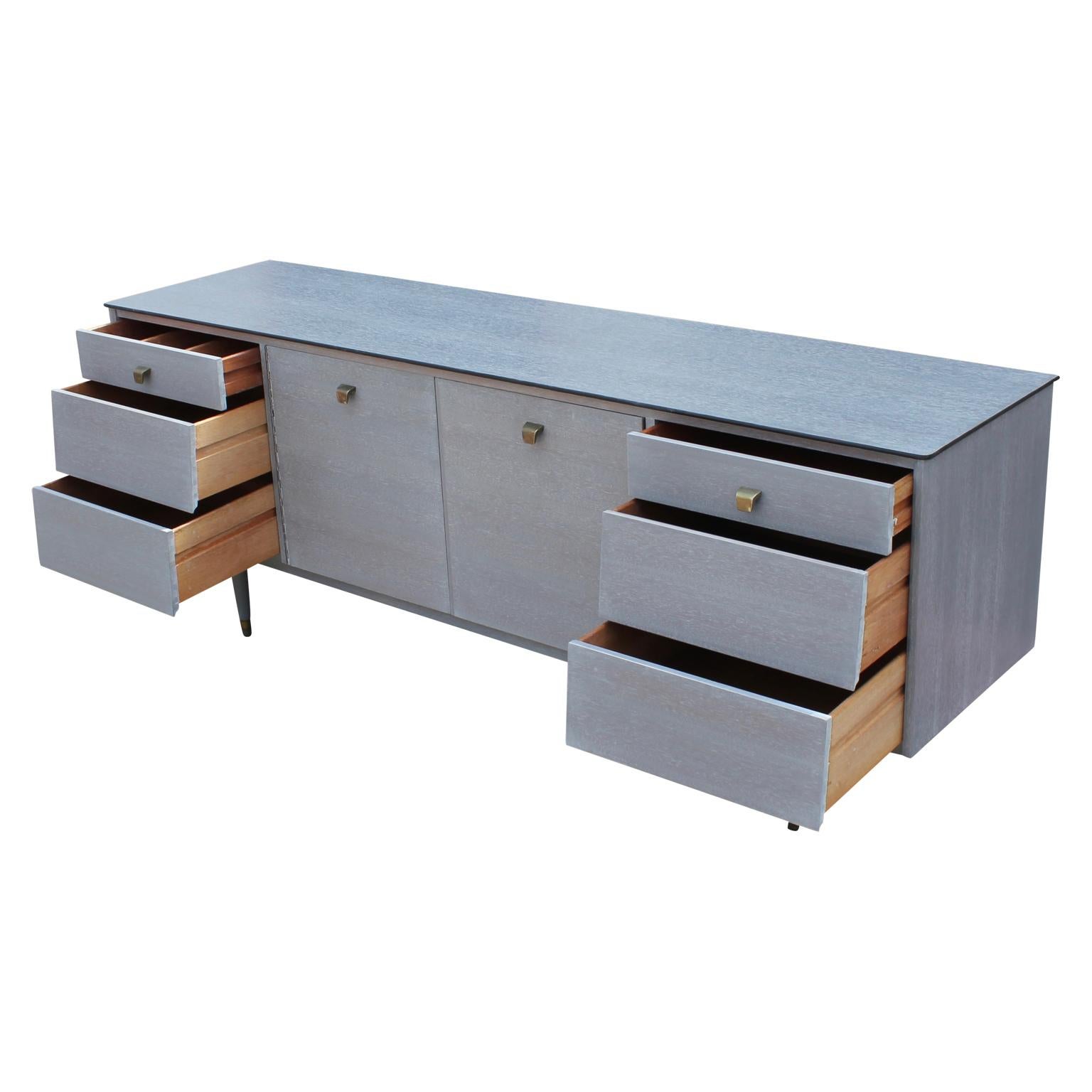 American Modern Refinished Custom Cerused Grey Sideboard or Credenza with Brass Handles