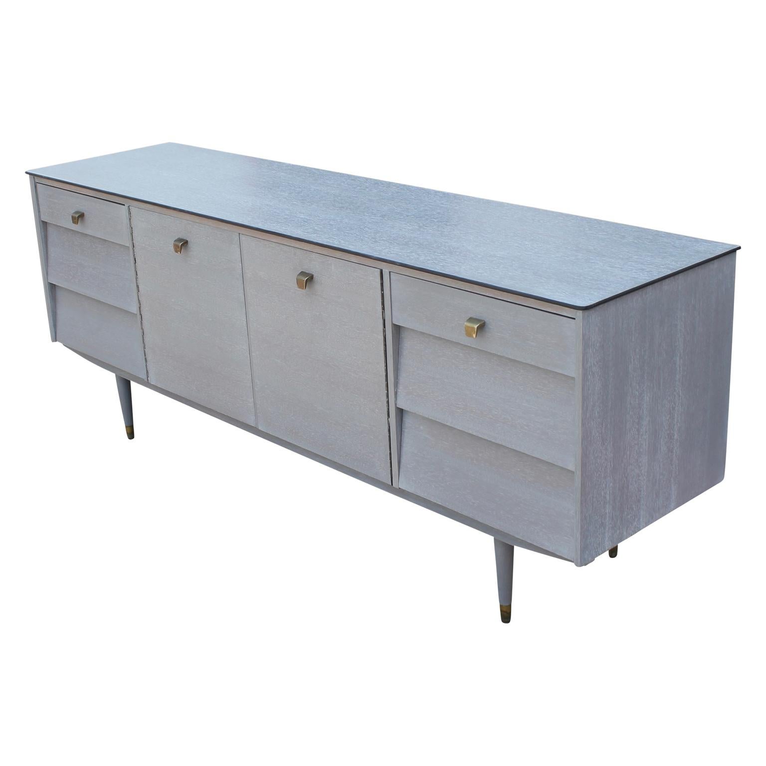Modern Refinished Custom Cerused Grey Sideboard or Credenza with Brass Handles In Excellent Condition In Houston, TX