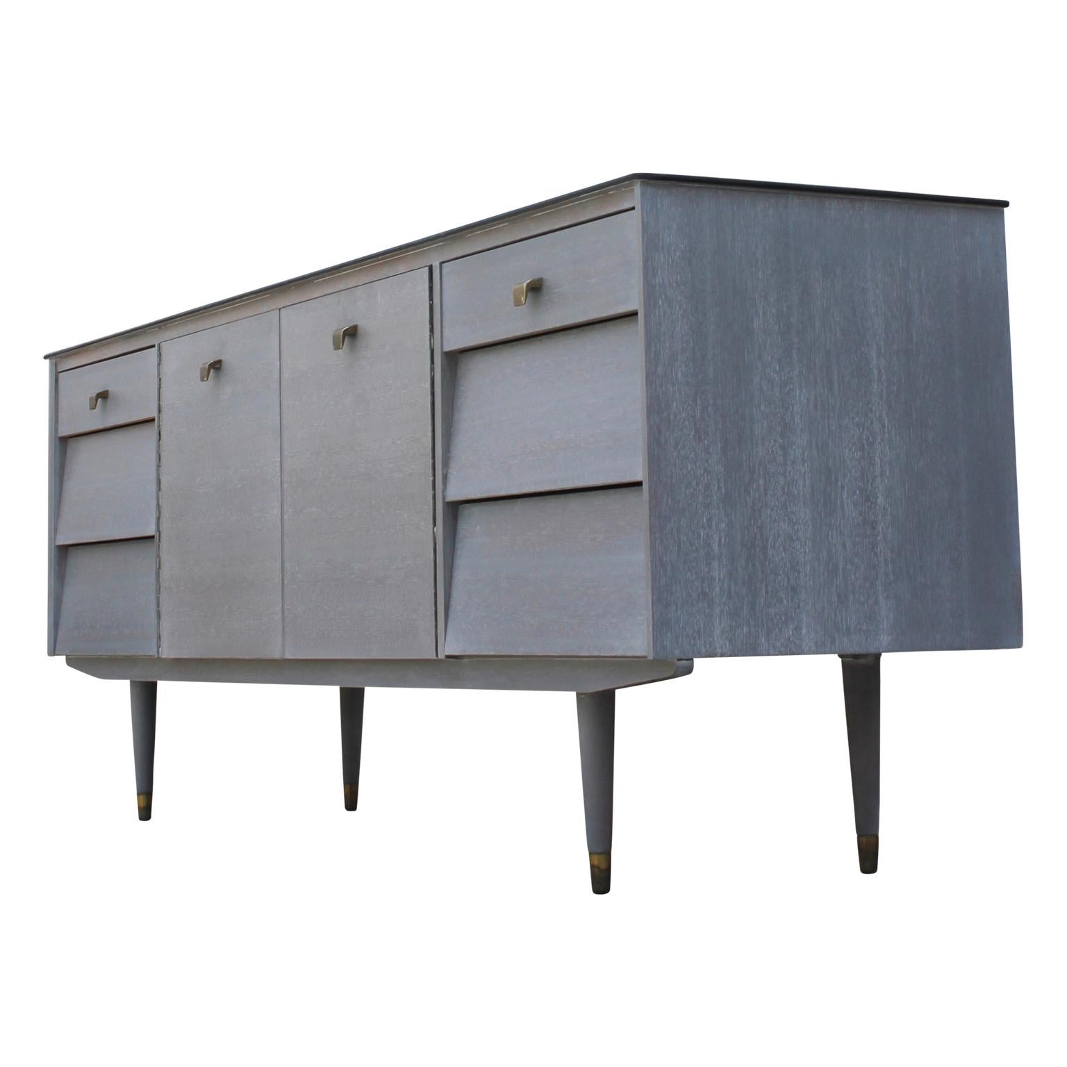Mid-20th Century Modern Refinished Custom Cerused Grey Sideboard or Credenza with Brass Handles
