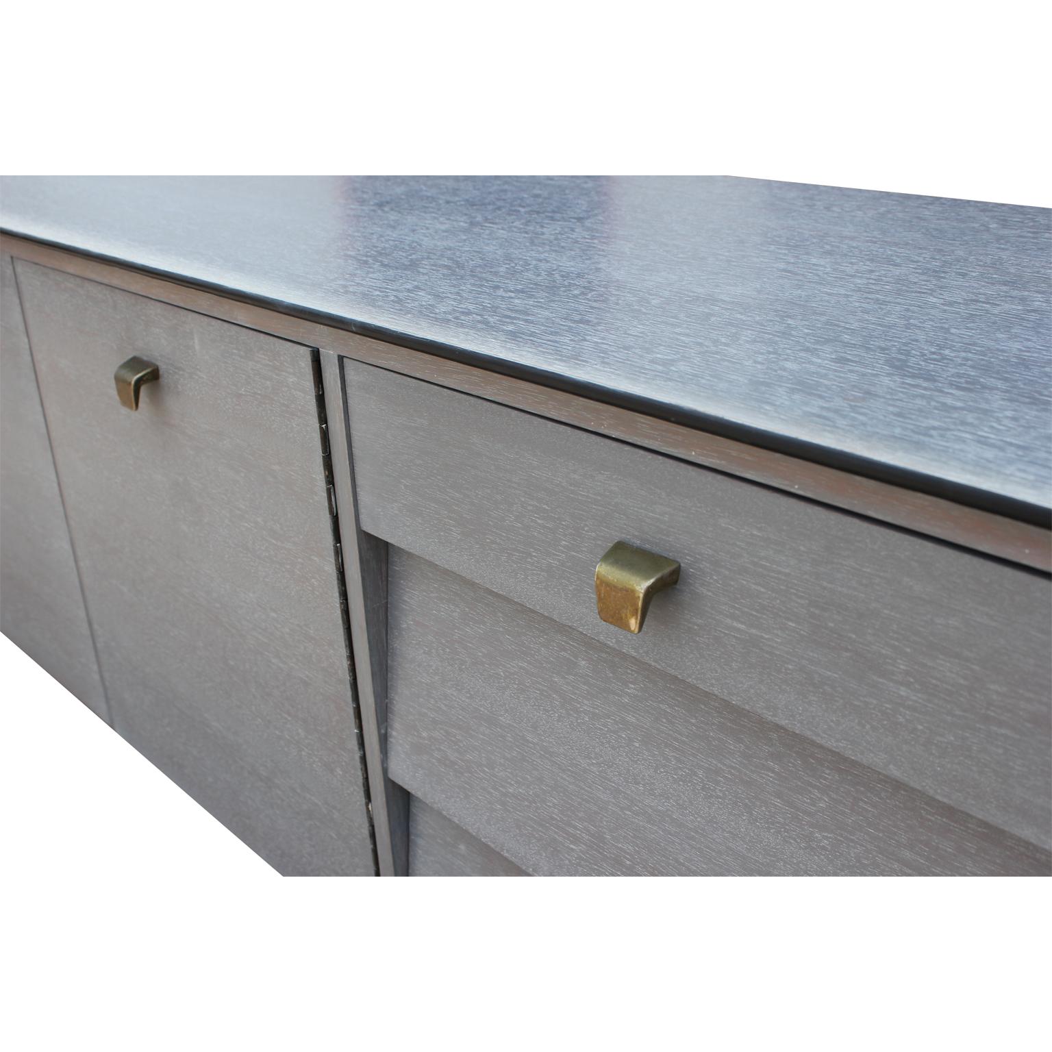 Modern Refinished Custom Cerused Grey Sideboard or Credenza with Brass Handles 2