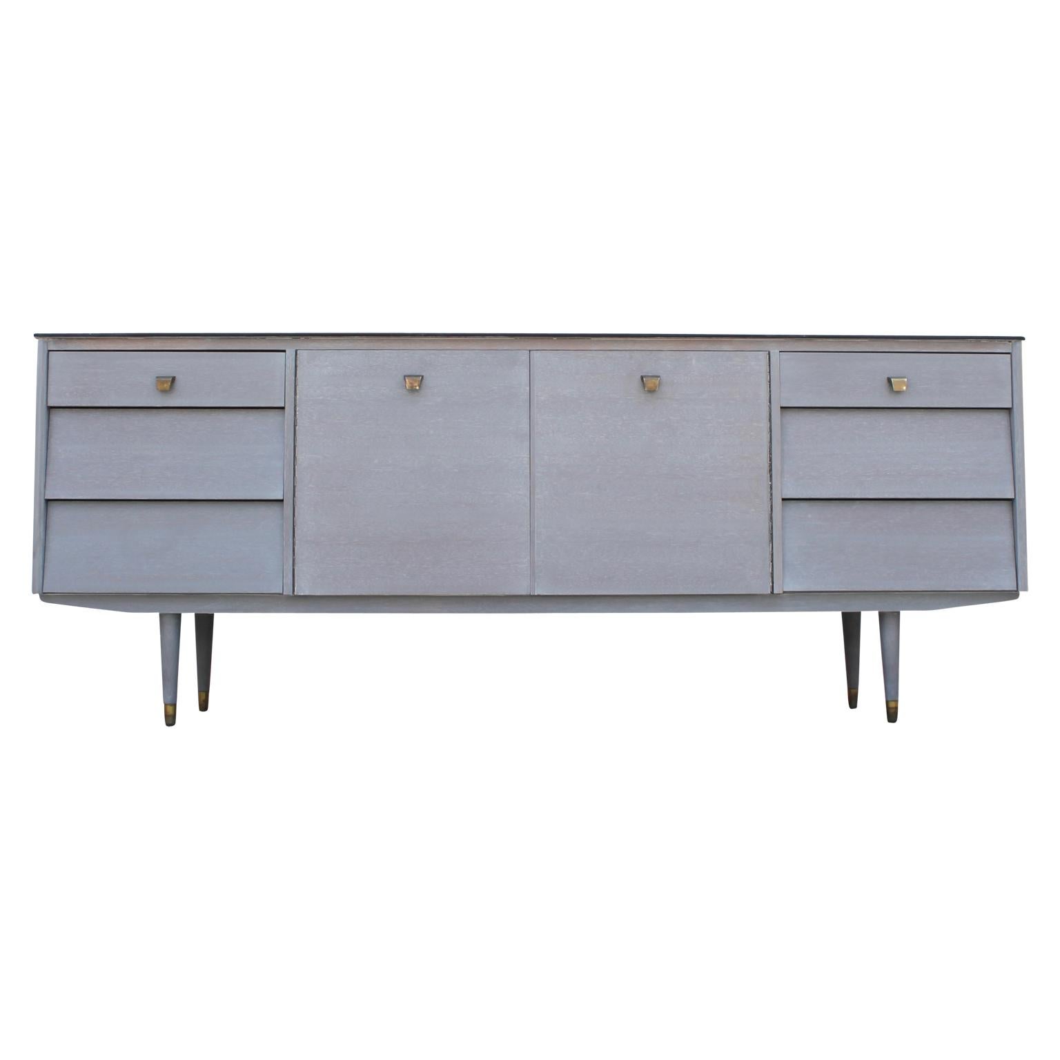 Modern Refinished Custom Cerused Grey Sideboard or Credenza with Brass Handles