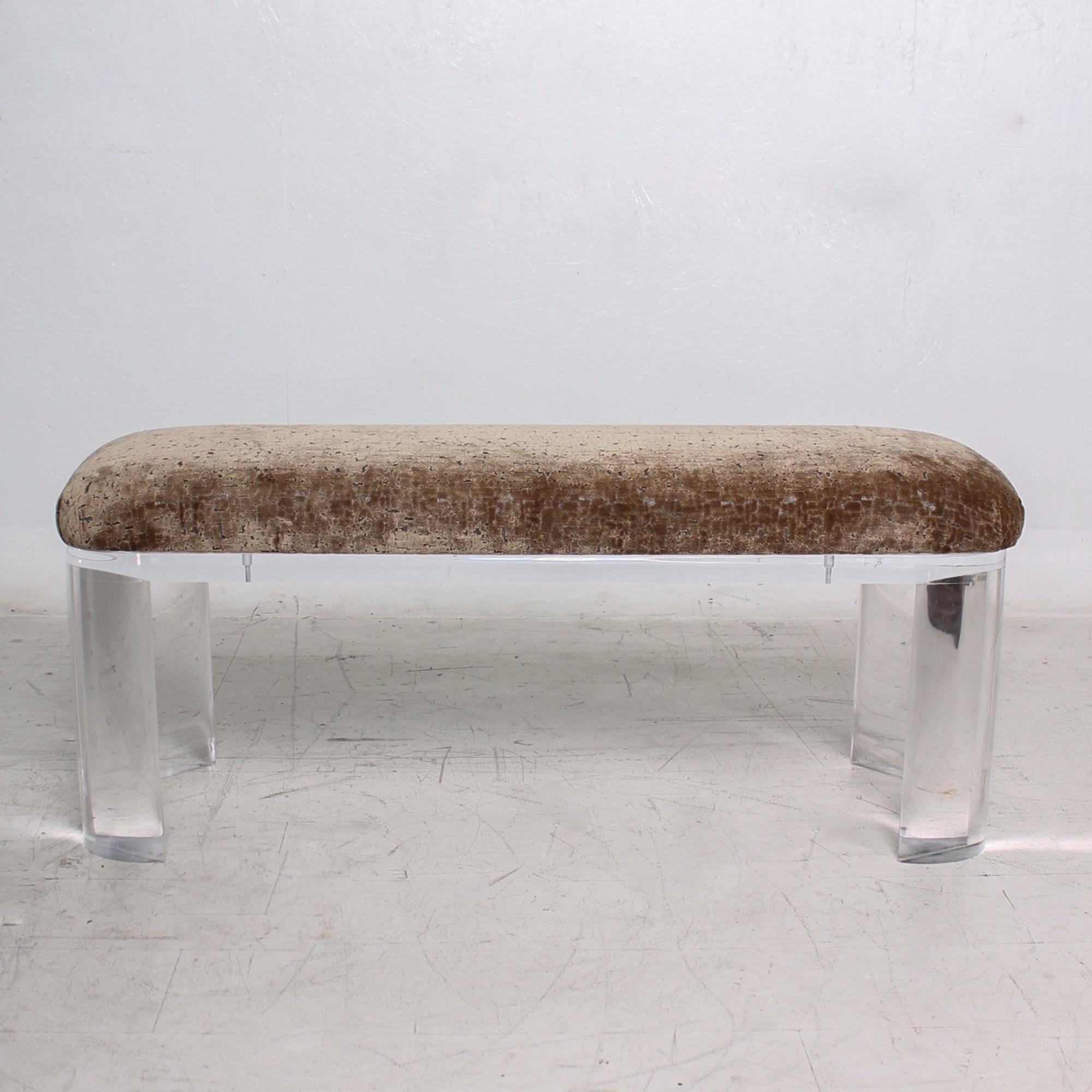 Hollywood Regency Modern Regency Lucite Bench Thick Legs Bronze Velvet Charles Hollis Jones, 1980s