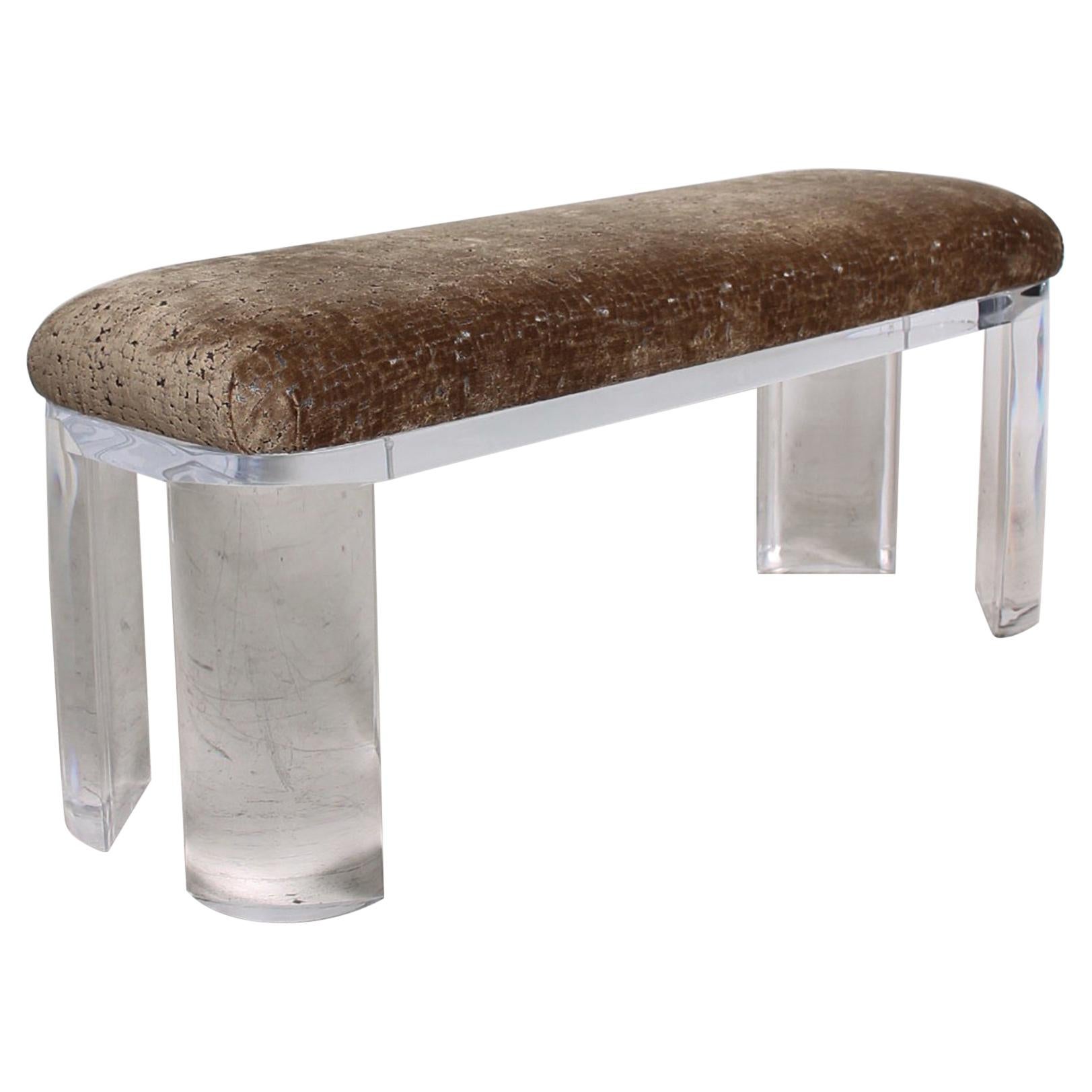 Modern Regency Lucite Bench Thick Legs Bronze Velvet Charles Hollis Jones, 1980s