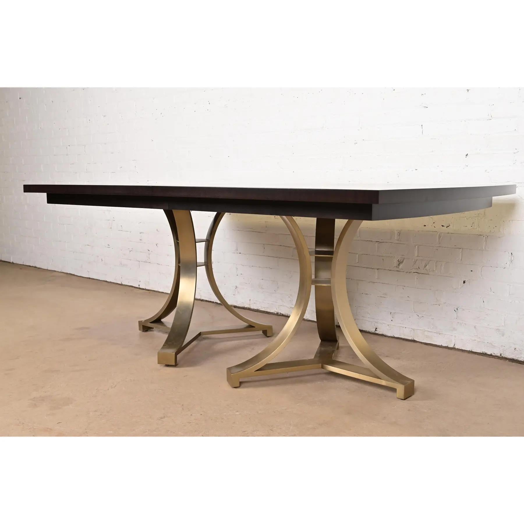 American Modern Regency Mahogany and Brass Double Pedestal Dining Table, Refinished For Sale