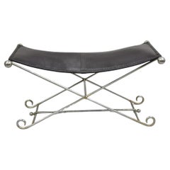 Modern Regency Style Folding Iron Metal Bench w/ Black Saddle Leather Seat