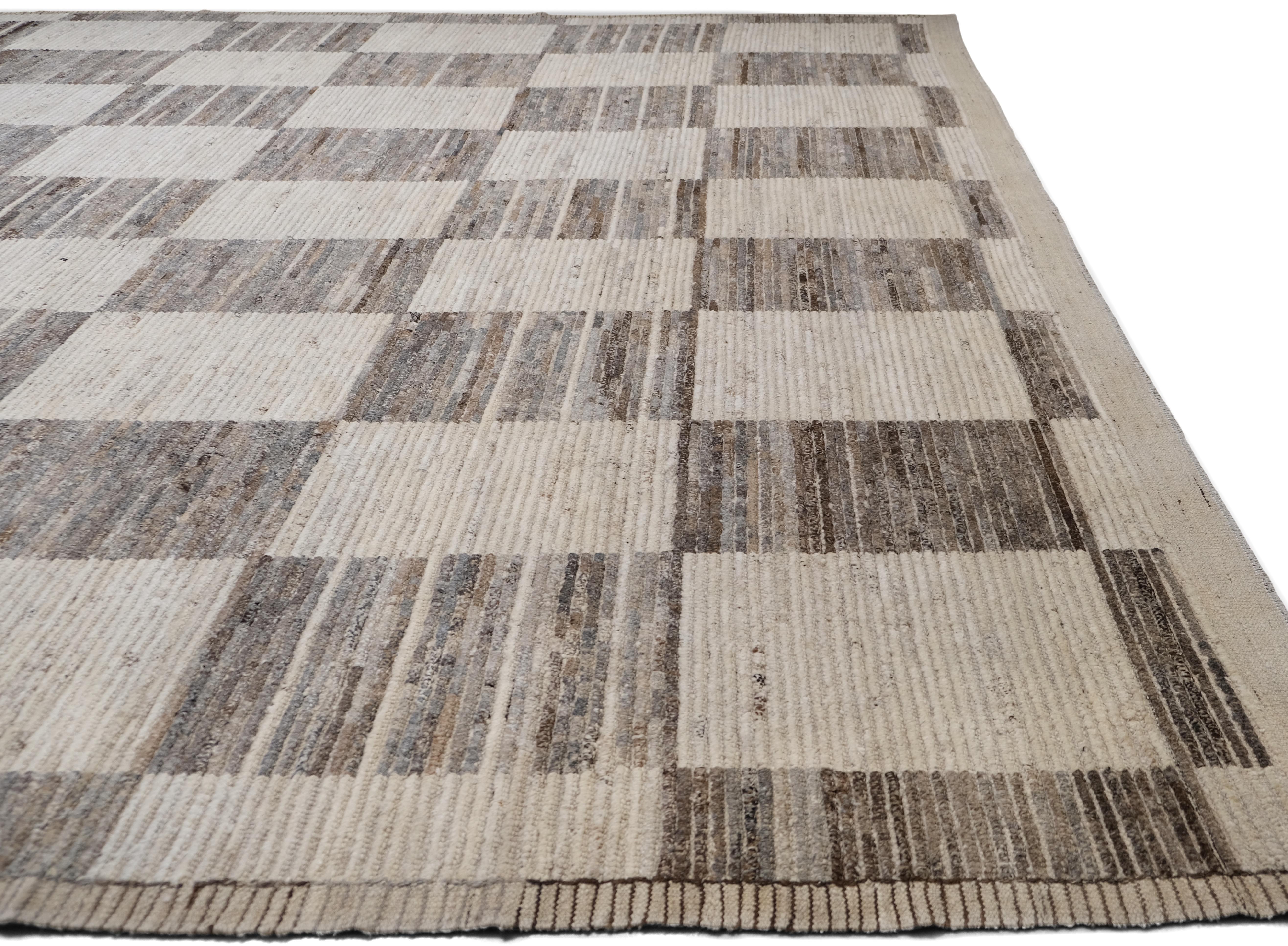 Afghan Modern Relaxed Checkered Wool Rug 14'x15'3'' For Sale