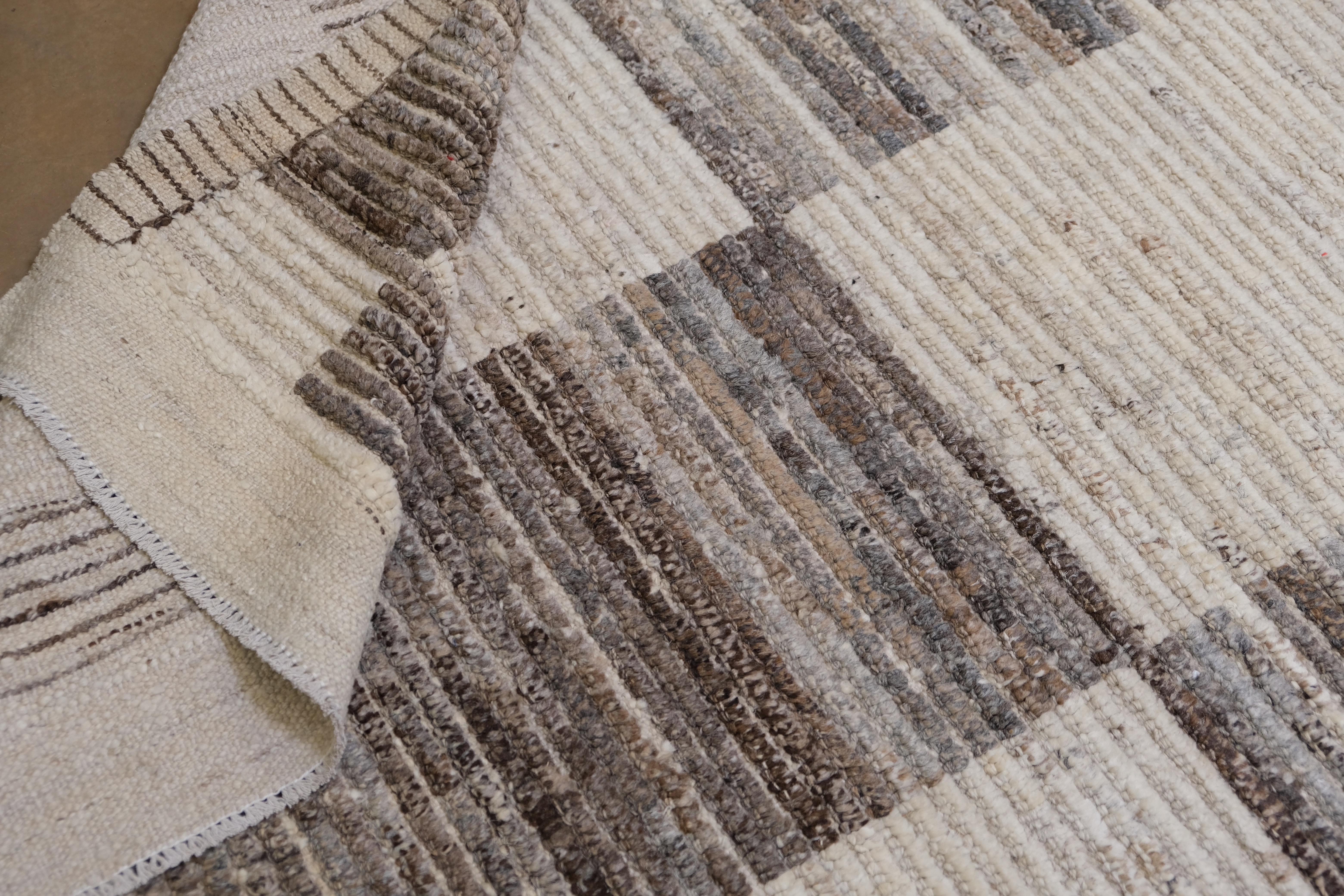 Hand-Knotted Modern Relaxed Checkered Wool Rug 14'x15'3'' For Sale