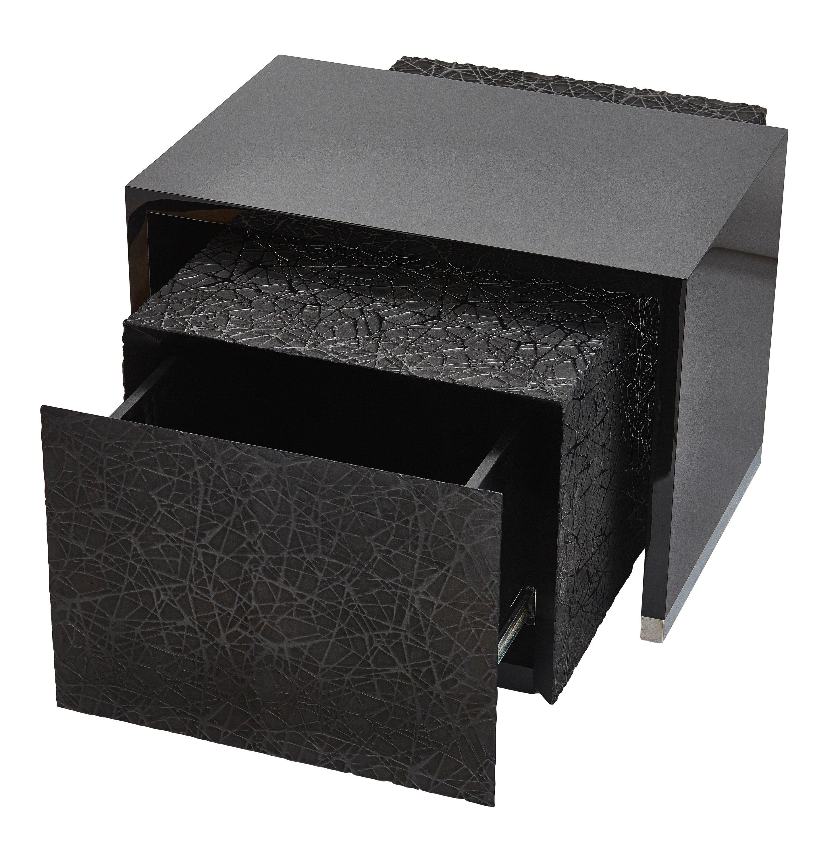 Polish Duo Side Tables with Piano Black Lacquer and Resin Art Texture, Available Now For Sale