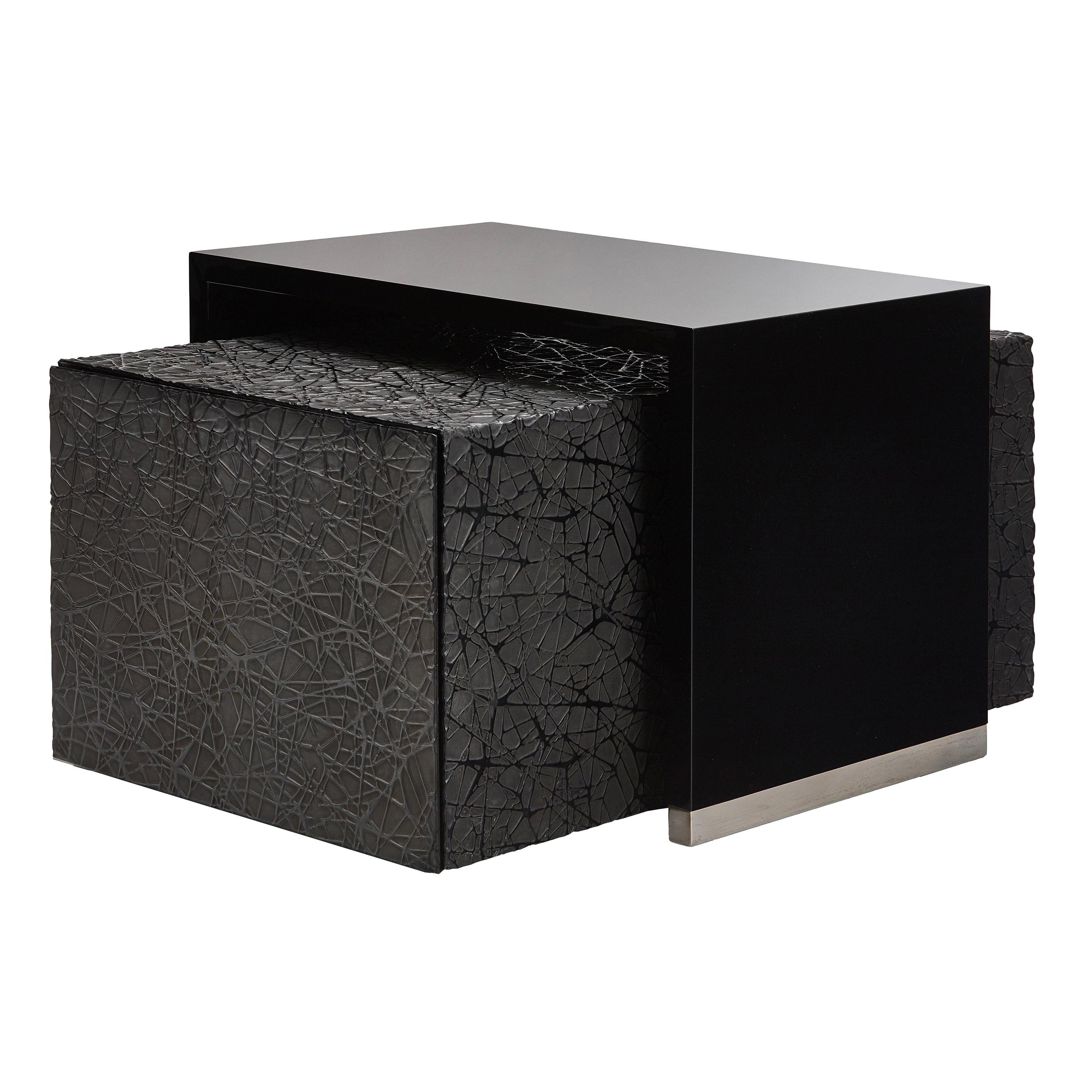 Duo Side Tables with Piano Black Lacquer and Resin Art Texture, Available Now For Sale