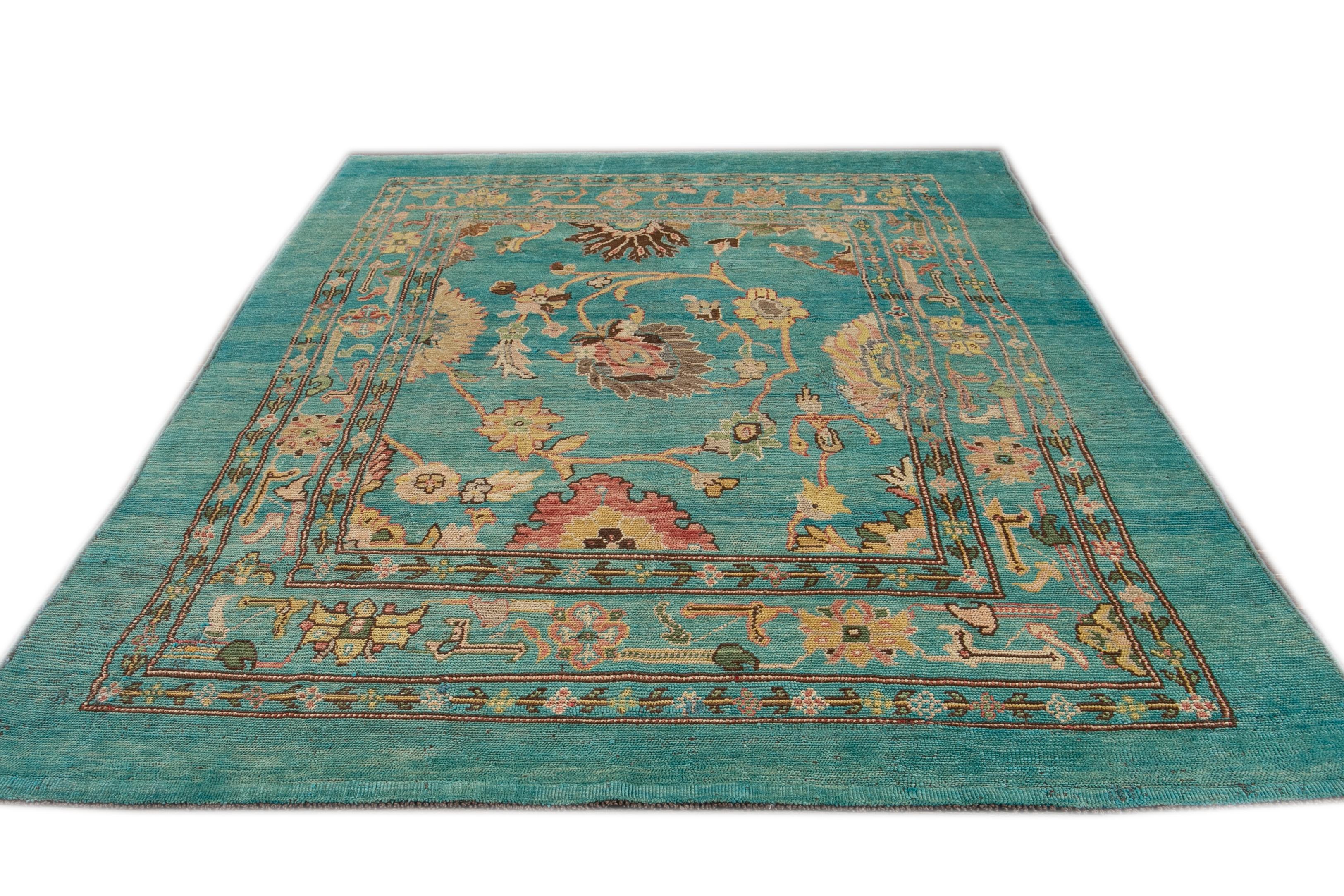 Regency Revival Modern Revival Blue Handmade Floral Wool Rug For Sale