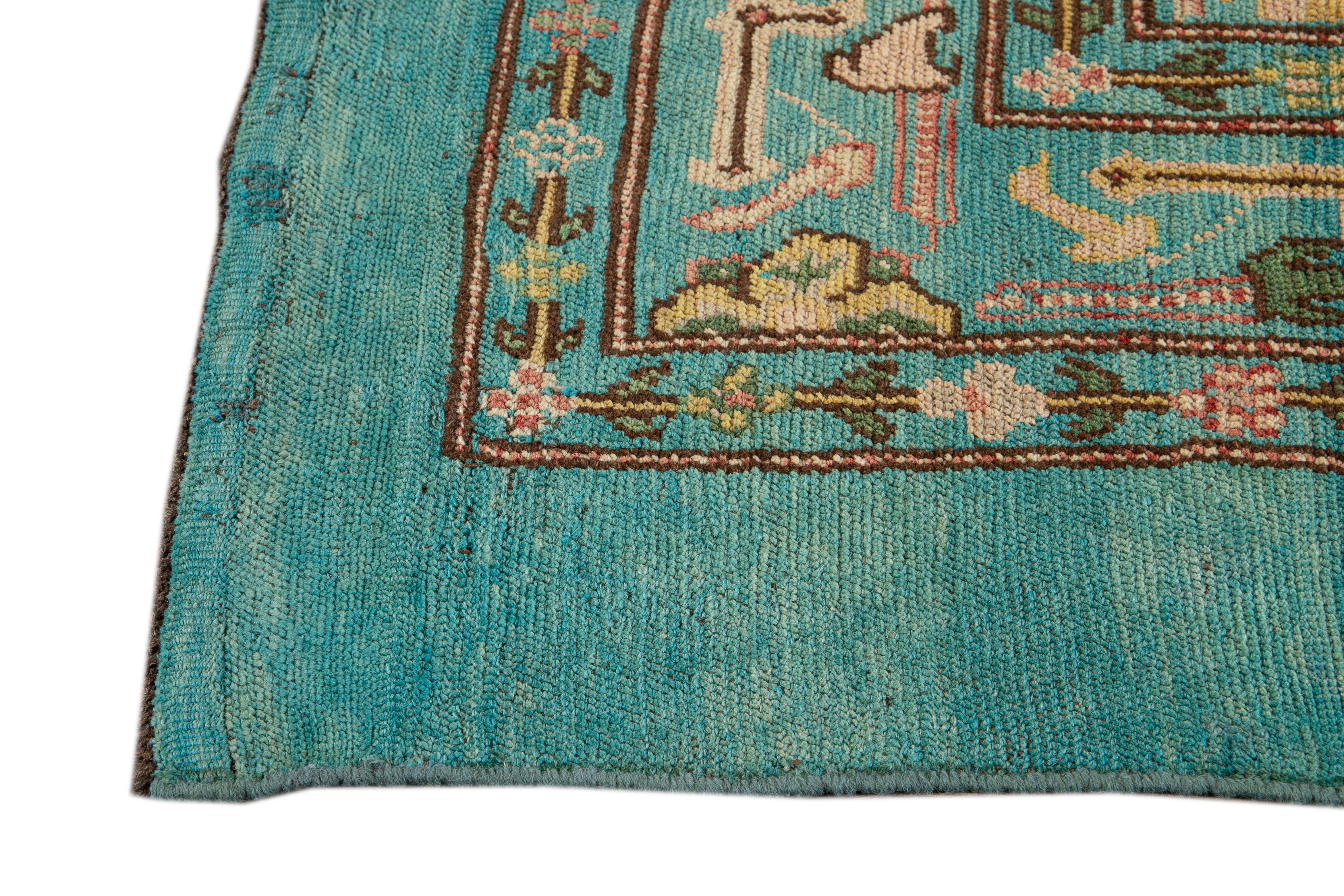 Afghan Modern Revival Blue Handmade Floral Wool Rug For Sale